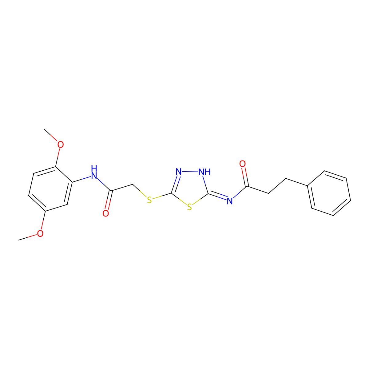 N-(5-((2-((2,5-dimethoxyphenyl)amino)-2-oxoethyl)thio)-1,3,4-thiadiazol-2-yl)-3-phenylpropanamide molecular structure, CAS 433953-06-1