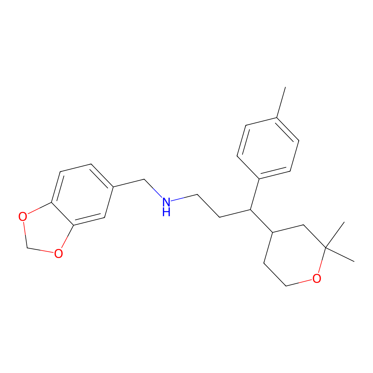 N-(1,3-benzodioxol-5-ylmethyl)-3-(2,2-dimethyloxan-4-yl)-3-(4-methylphenyl)propan-1-amine molecular structure, CAS 433953-40-3
