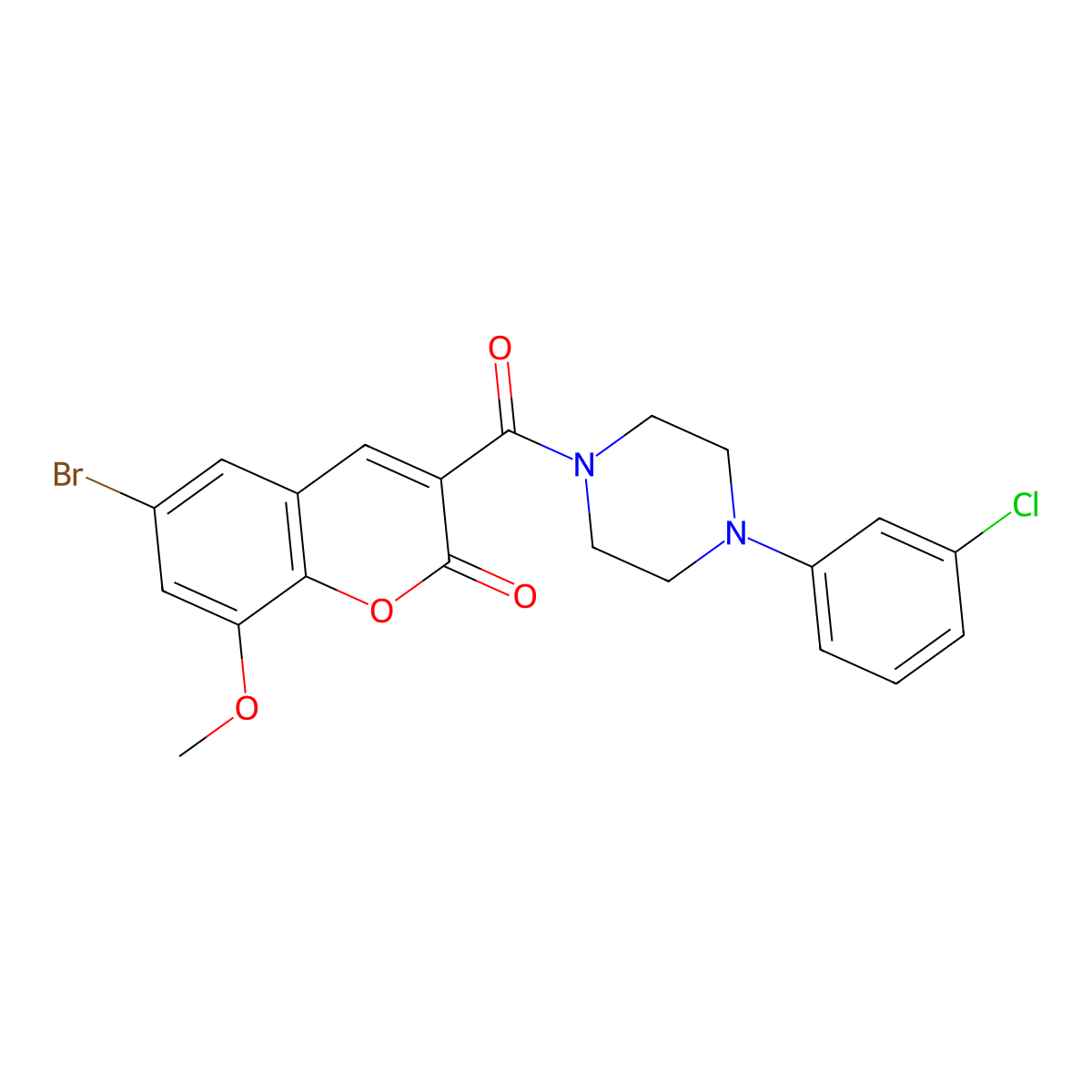 6-Bromo-3-[4-(3-chlorophenyl)piperazine-1-carbonyl]-8-methoxychromen-2-one molecular structure, CAS 433954-12-2