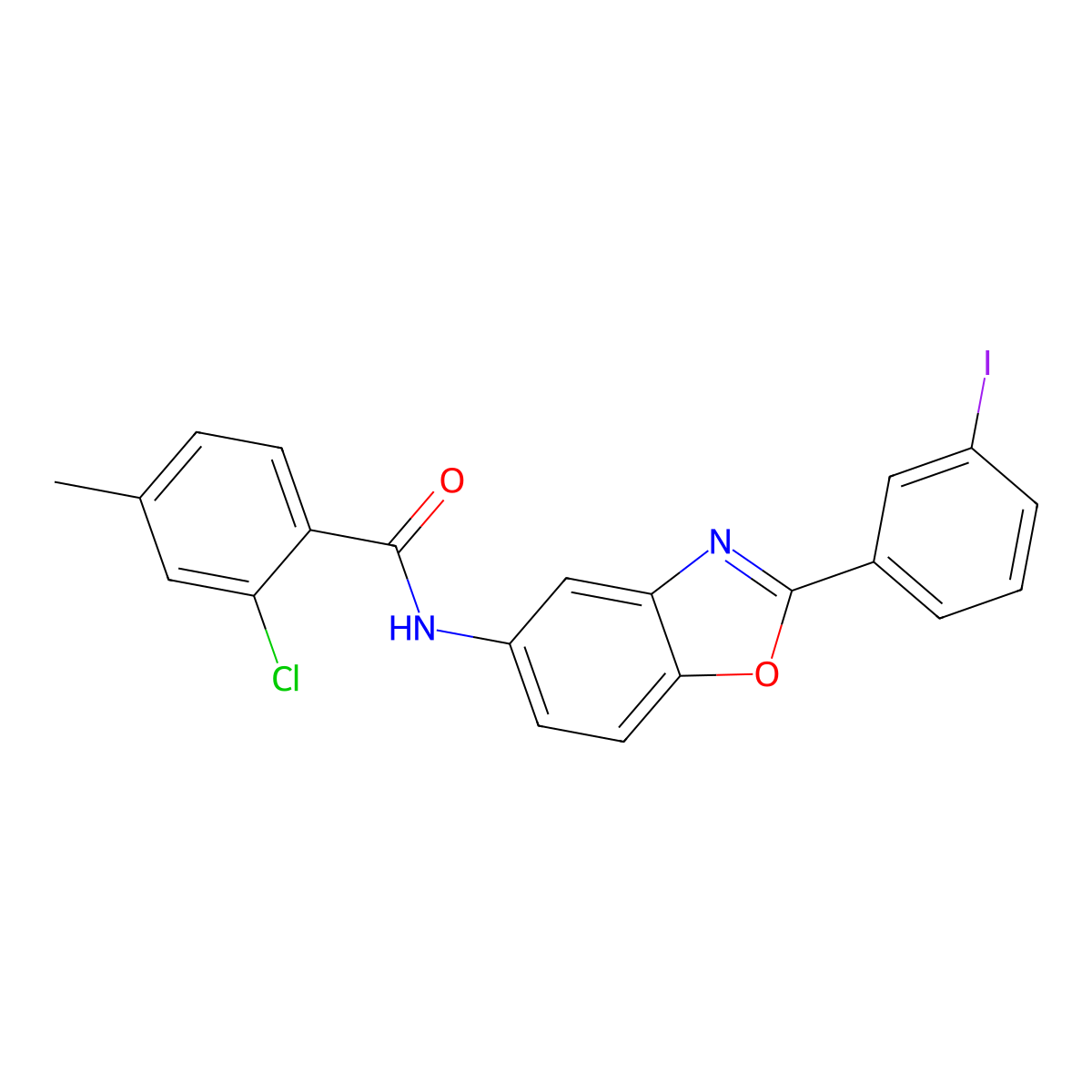 2-chloro-N-[2-(3-iodophenyl)-1,3-benzoxazol-5-yl]-4-methylbenzamide molecular structure, CAS 433954-23-5
