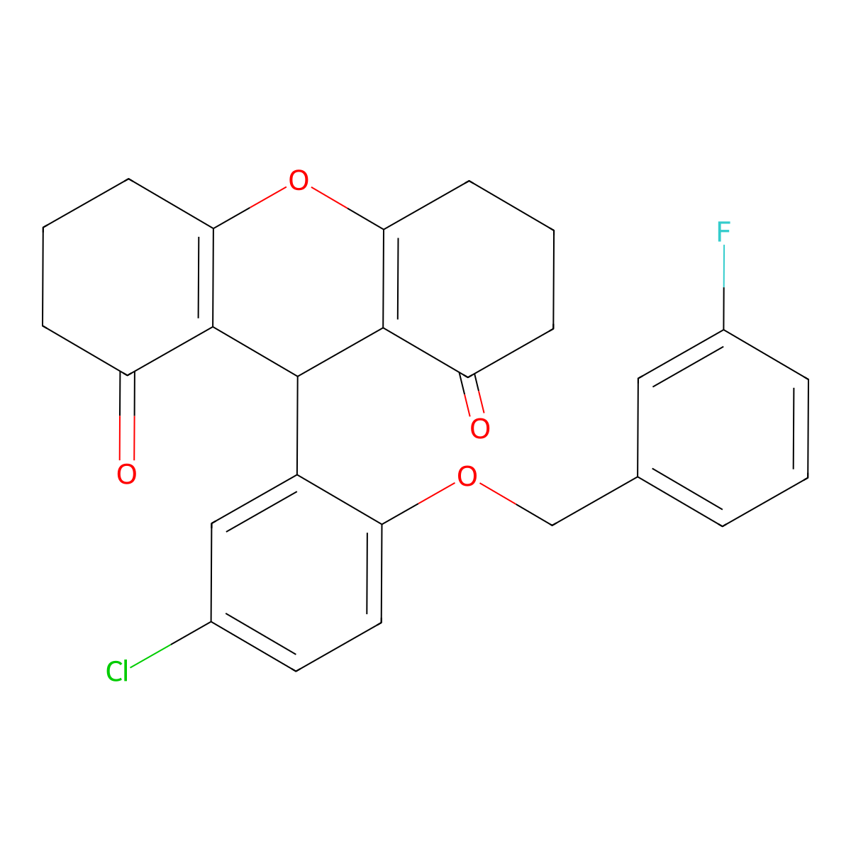 9-[5-chloro-2-[(3-fluorophenyl)methoxy]phenyl]-3,4,5,6,7,9-hexahydro-2H-xanthene-1,8-dione molecular structure, CAS 433954-54-2