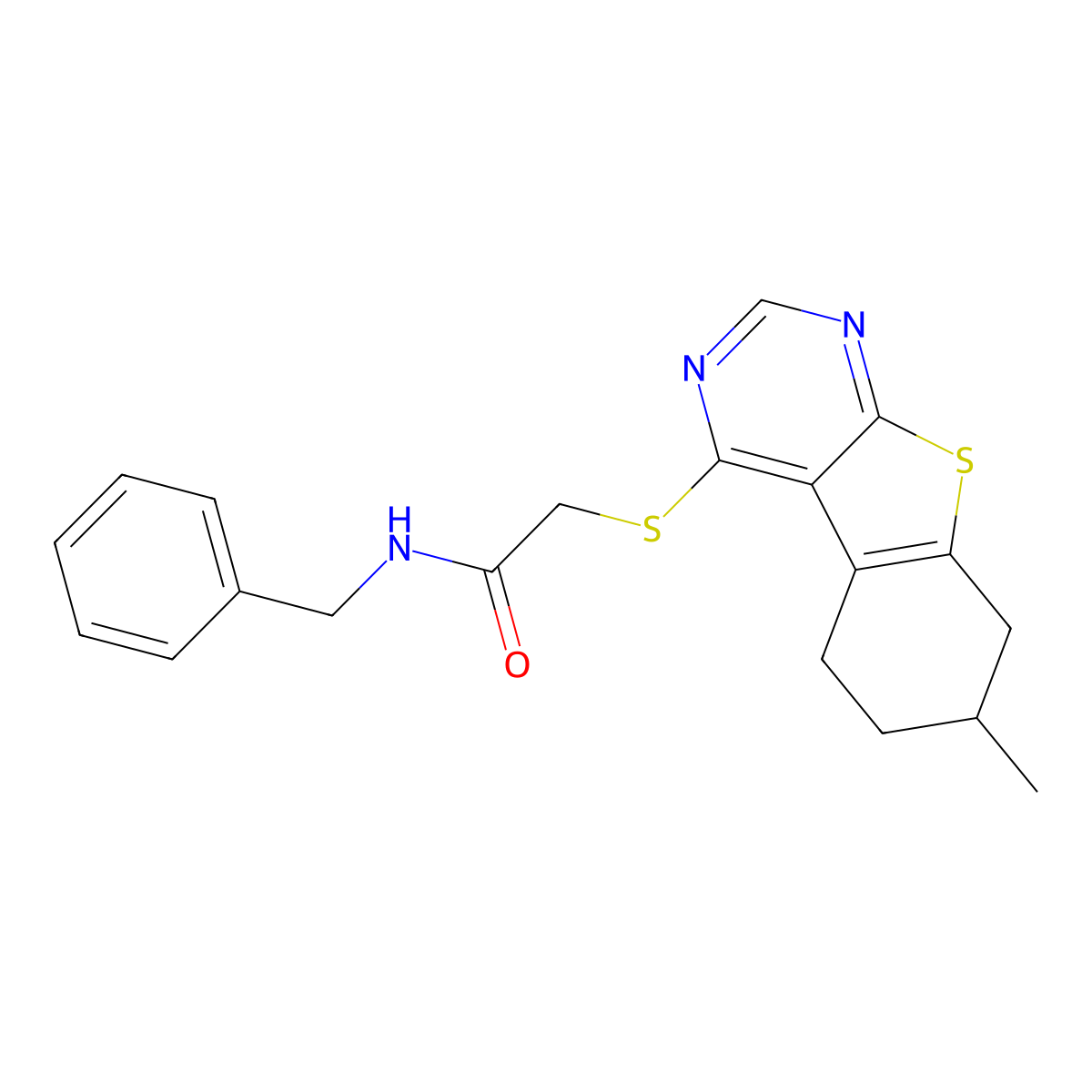 N-benzyl-2-[(7-methyl-5,6,7,8-tetrahydro-[1]benzothiolo[2,3-d]pyrimidin-4-yl)sulfanyl]acetamide molecular structure, CAS 433954-64-4