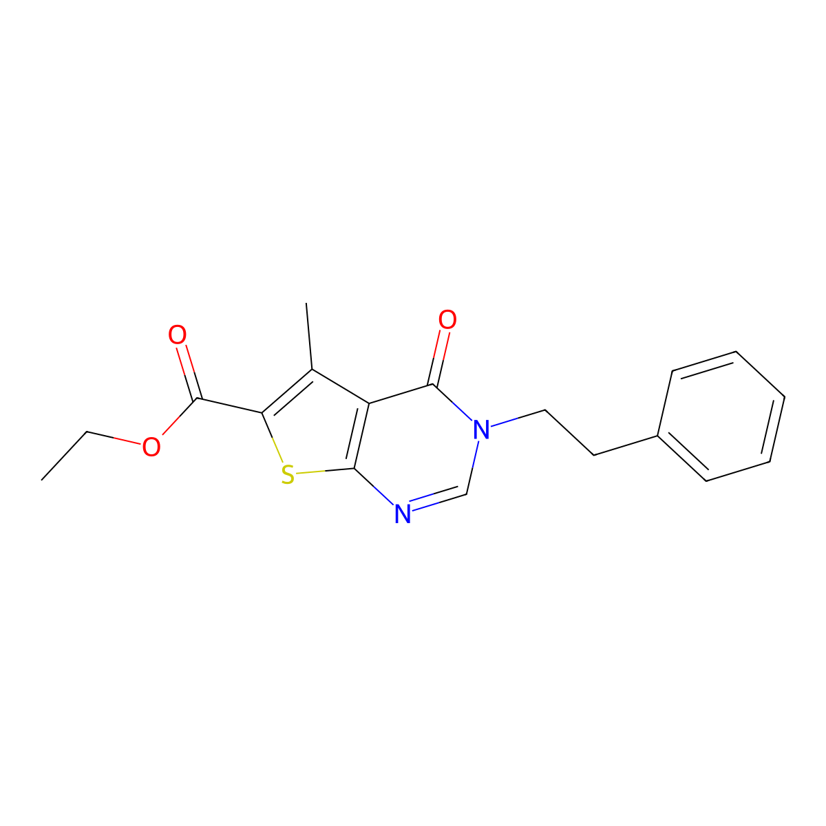 Ethyl 5-methyl-4-oxo-3-phenethyl-3,4-dihydrothieno[2,3-d]pyrimidine-6-carboxylate molecular structure, CAS 433955-89-6