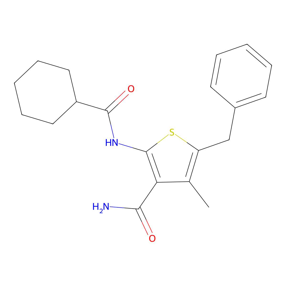 5-Benzyl-2-(cyclohexanecarbonylamino)-4-methylthiophene-3-carboxamide molecular structure, CAS 433957-27-8