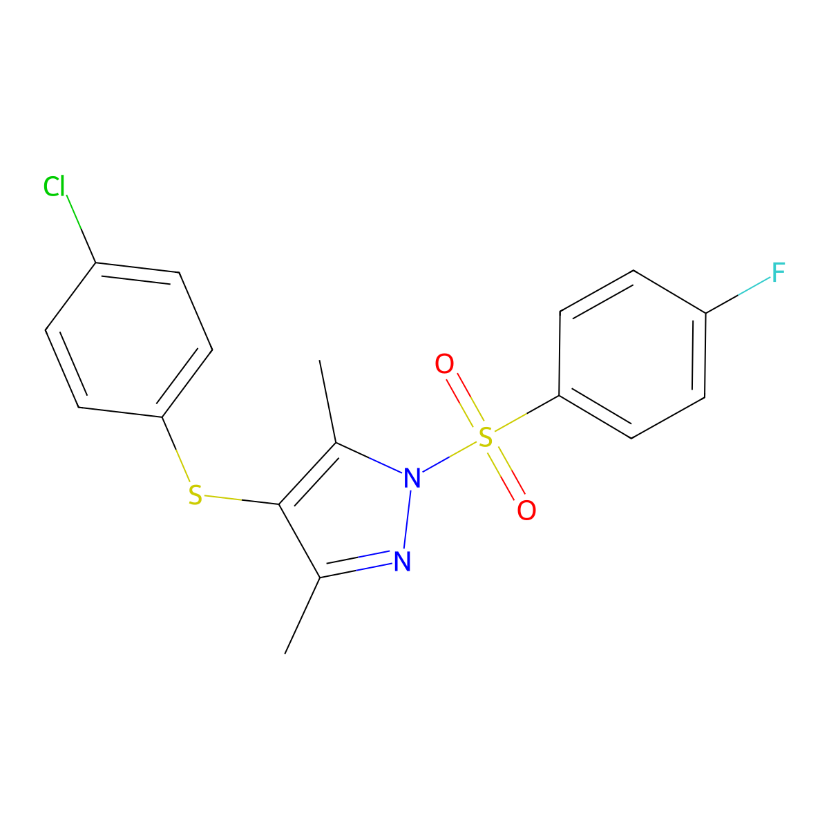 4-((4-chlorophenyl)thio)-1-((4-fluorophenyl)sulfonyl)-3,5-dimethyl-1H-pyrazole molecular structure, CAS 433963-61-2
