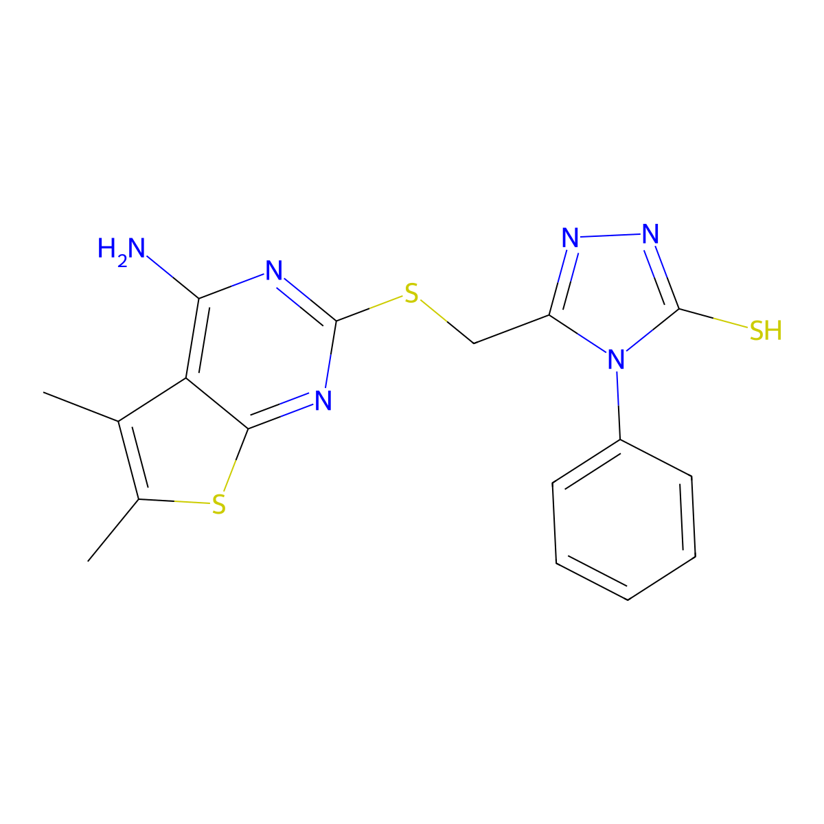 3-[(4-Amino-5,6-dimethylthiopheno[2,3-d]pyrimidin-2-ylthio)methyl]-4-phenyl-1, 2,4-triazoline-5-thione molecular structure, CAS 433964-43-3