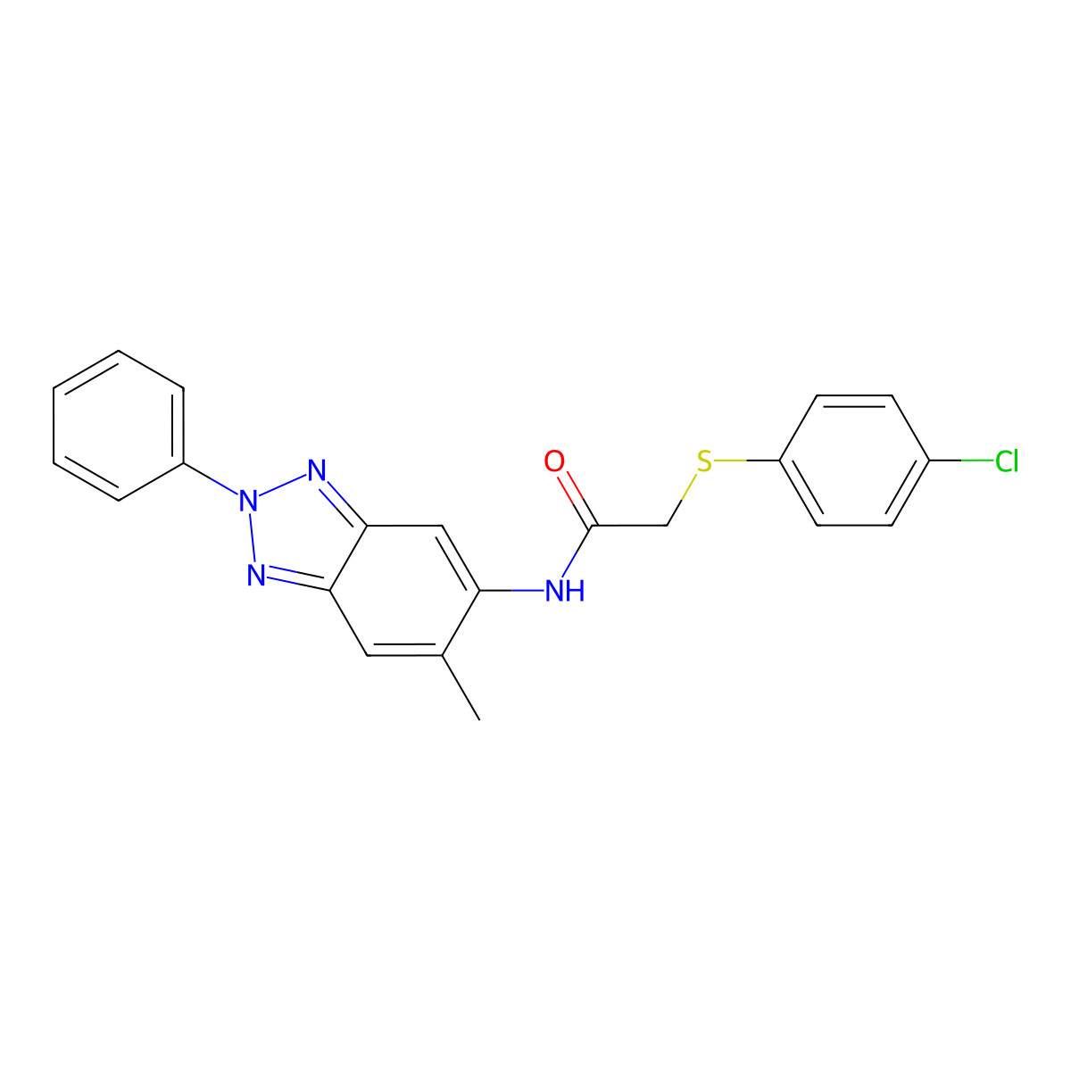 2-(4-chlorophenyl)sulfanyl-N-(6-methyl-2-phenylbenzotriazol-5-yl)acetamide molecular structure, CAS 433964-59-1