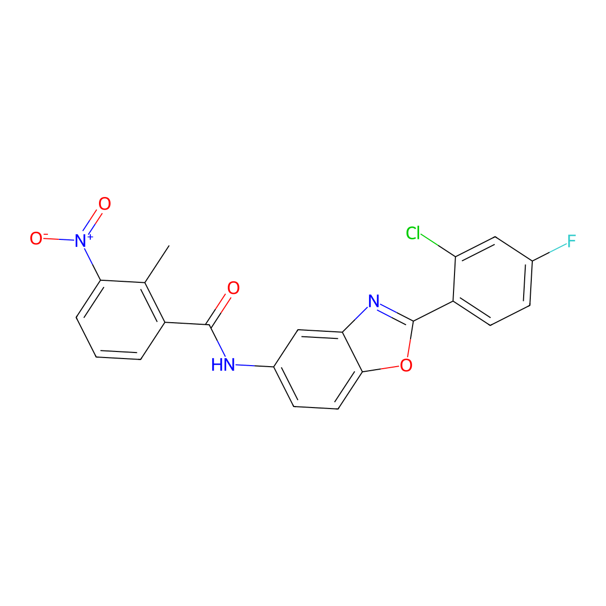 N-[2-(2-chloro-4-fluorophenyl)-1,3-benzoxazol-5-yl]-2-methyl-3-nitrobenzamide molecular structure, CAS 433964-92-2