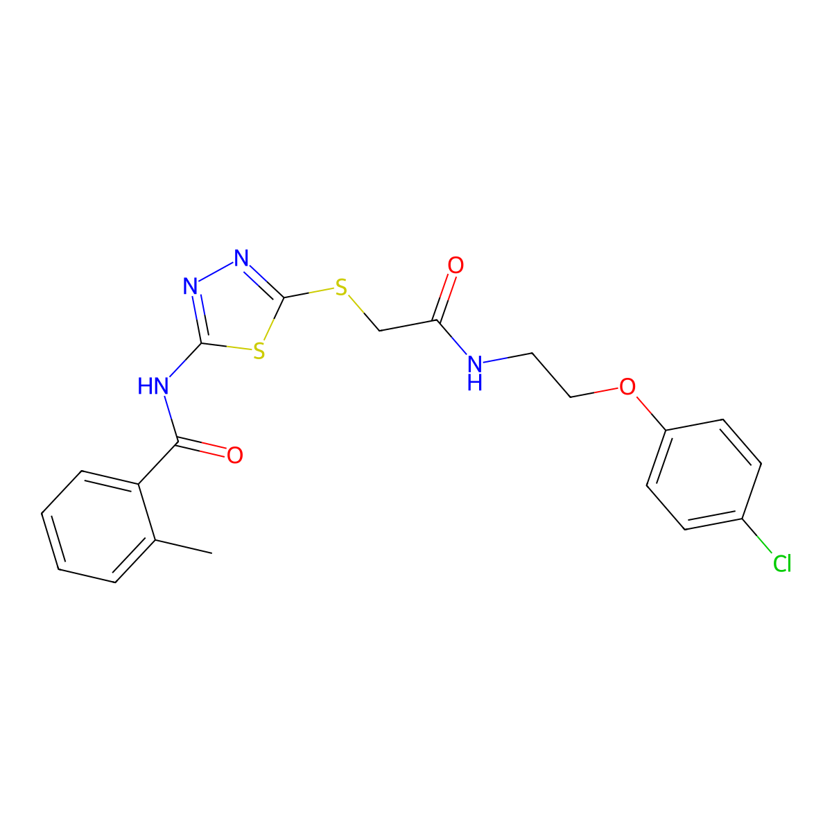 N-{5-[(2-{[2-(4-chlorophenoxy)ethyl]amino}-2-oxoethyl)sulfanyl]-1,3,4-thiadiazol-2-yl}-2-methylbenzamide molecular structure, CAS 433965-17-4