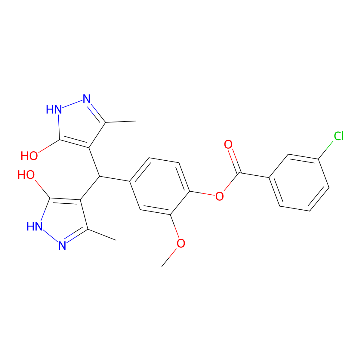 4-[bis(5-hydroxy-3-methyl-1H-pyrazol-4-yl)methyl]-2-methoxyphenyl 3-chlorobenzoate molecular structure, CAS 433966-48-4