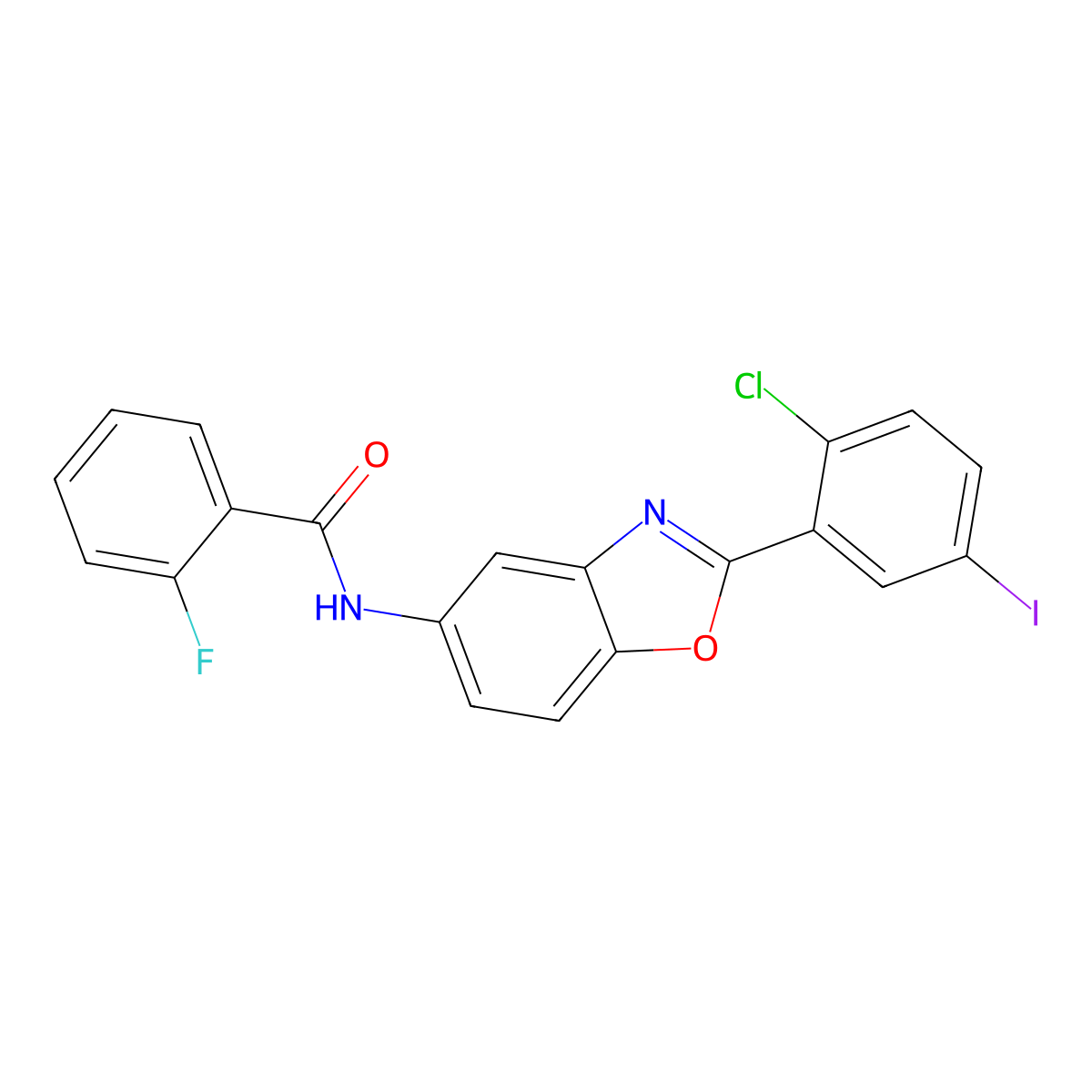 N-[2-(2-chloro-5-iodophenyl)-1,3-benzoxazol-5-yl]-2-fluorobenzamide molecular structure, CAS 433966-49-5