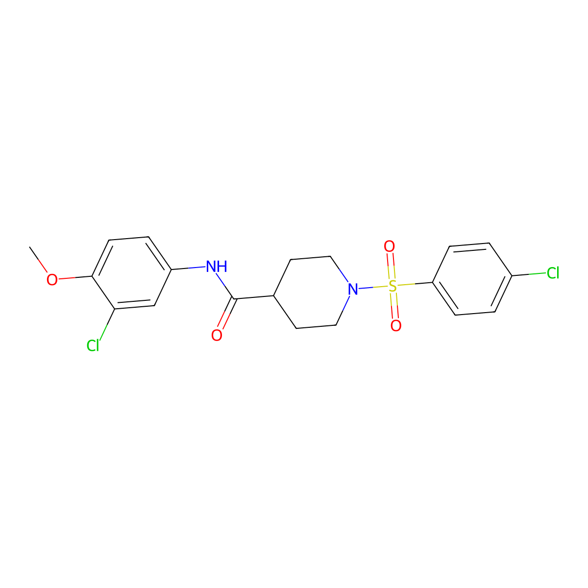 N-(3-chloro-4-methoxyphenyl)-1-(4-chlorophenyl)sulfonylpiperidine-4-carboxamide molecular structure, CAS 433967-19-2