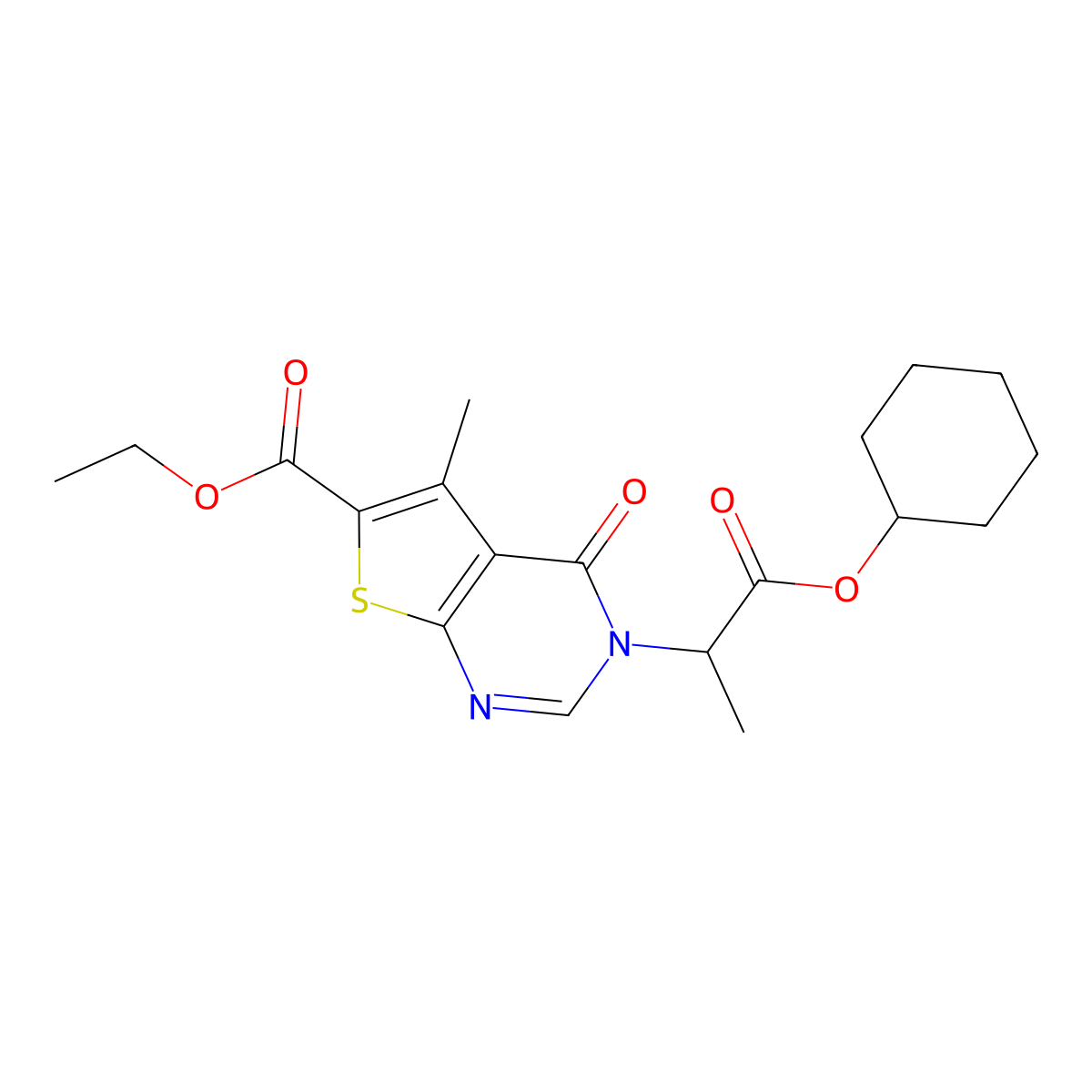 Ethyl 3-(1-(cyclohexyloxy)-1-oxopropan-2-yl)-5-methyl-4-oxo-3,4-dihydrothieno[2,3-d]pyrimidine-6-carboxylate molecular structure, CAS 433967-50-1