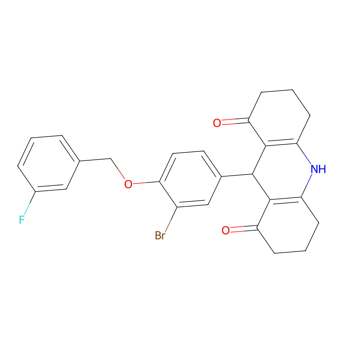 9-[3-Bromo-4-[(3-fluorophenyl)methoxy]phenyl]-2,3,4,5,6,7,9,10-octahydroacridine-1,8-dione molecular structure, CAS 433970-55-9