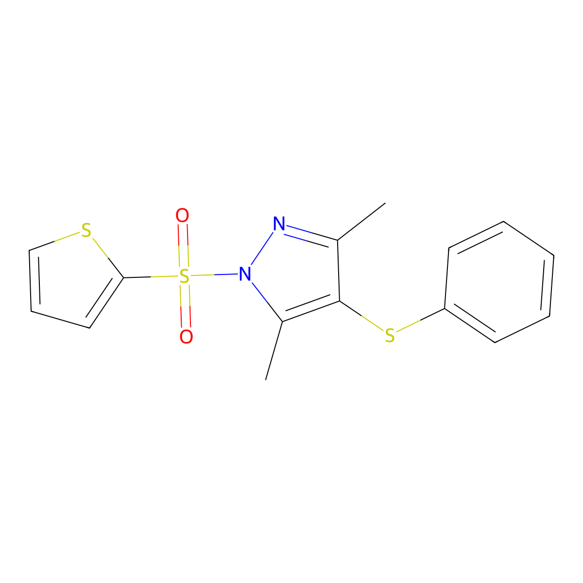 3,5-dimethyl-4-(phenylthio)-1-(thiophen-2-ylsulfonyl)-1H-pyrazole molecular structure, CAS 433972-54-4