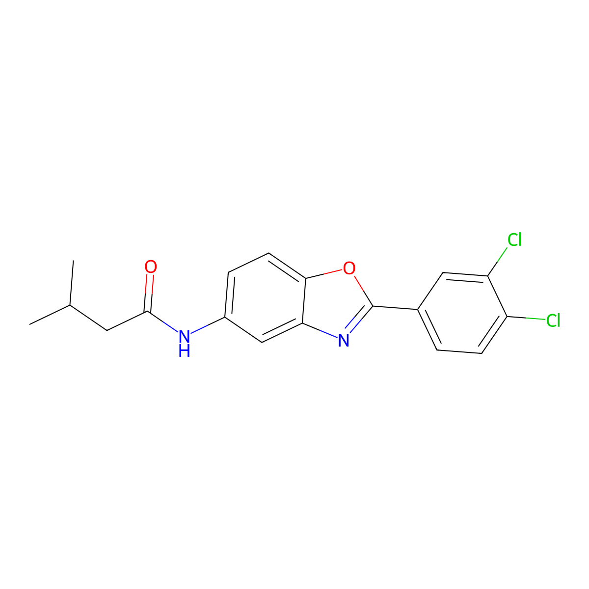 N-[2-(3,4-dichlorophenyl)-1,3-benzoxazol-5-yl]-3-methylbutanamide molecular structure, CAS 433973-80-9