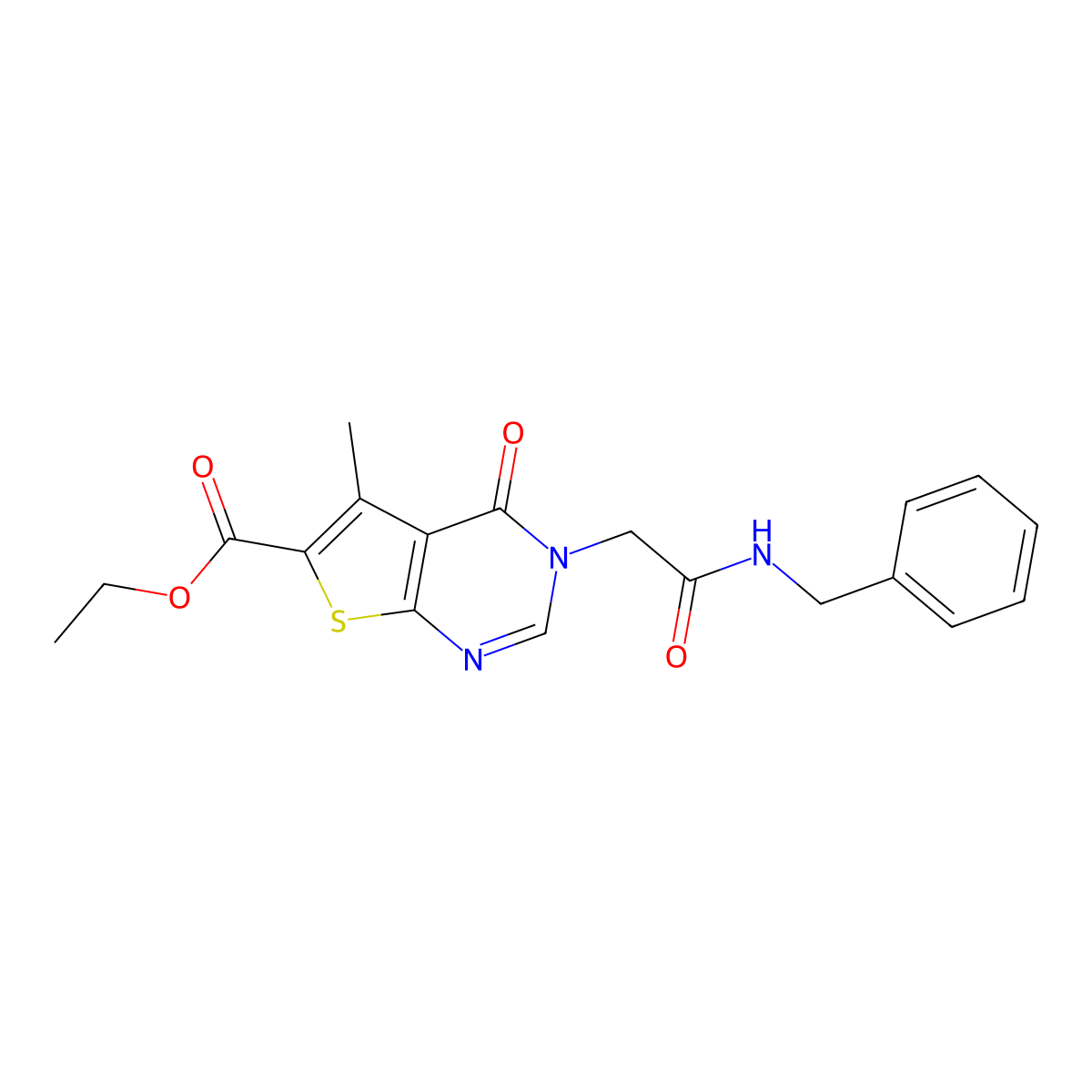 Ethyl 3-(2-(benzylamino)-2-oxoethyl)-5-methyl-4-oxo-3,4-dihydrothieno[2,3-d]pyrimidine-6-carboxylate molecular structure, CAS 433973-81-0