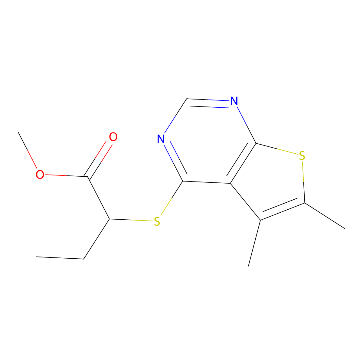 Methyl 2-(5,6-dimethylthieno[2,3-d]pyrimidin-4-yl)sulfanylbutanoate molecular structure, CAS 433974-68-6