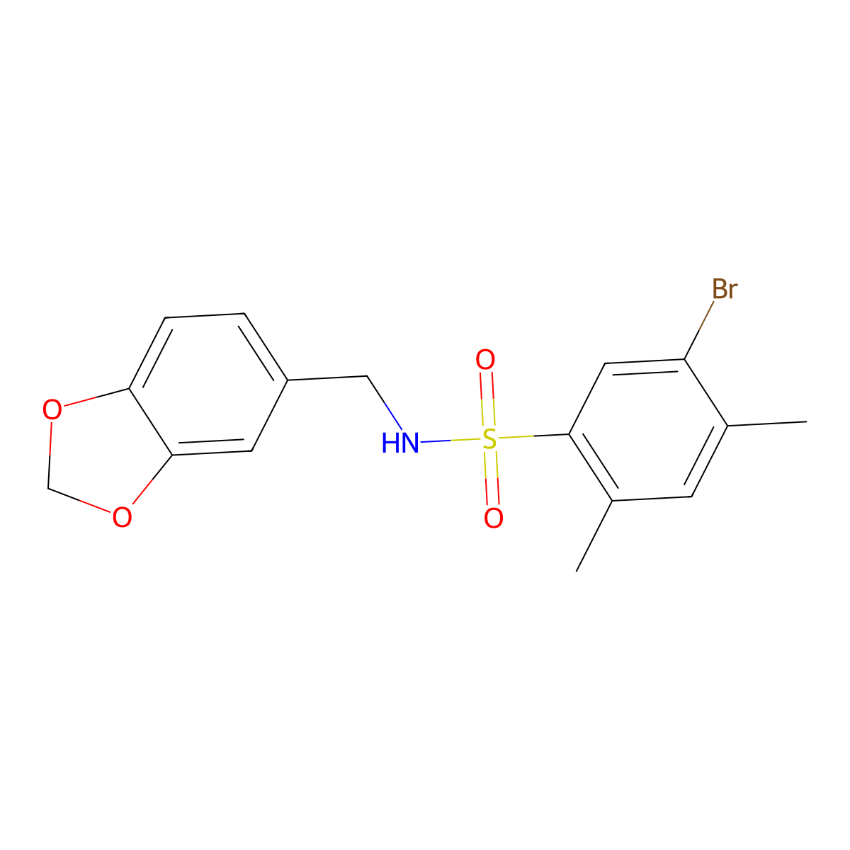 N-(1,3-benzodioxol-5-ylmethyl)-5-bromo-2,4-dimethylbenzenesulfonamide molecular structure, CAS 433974-74-4