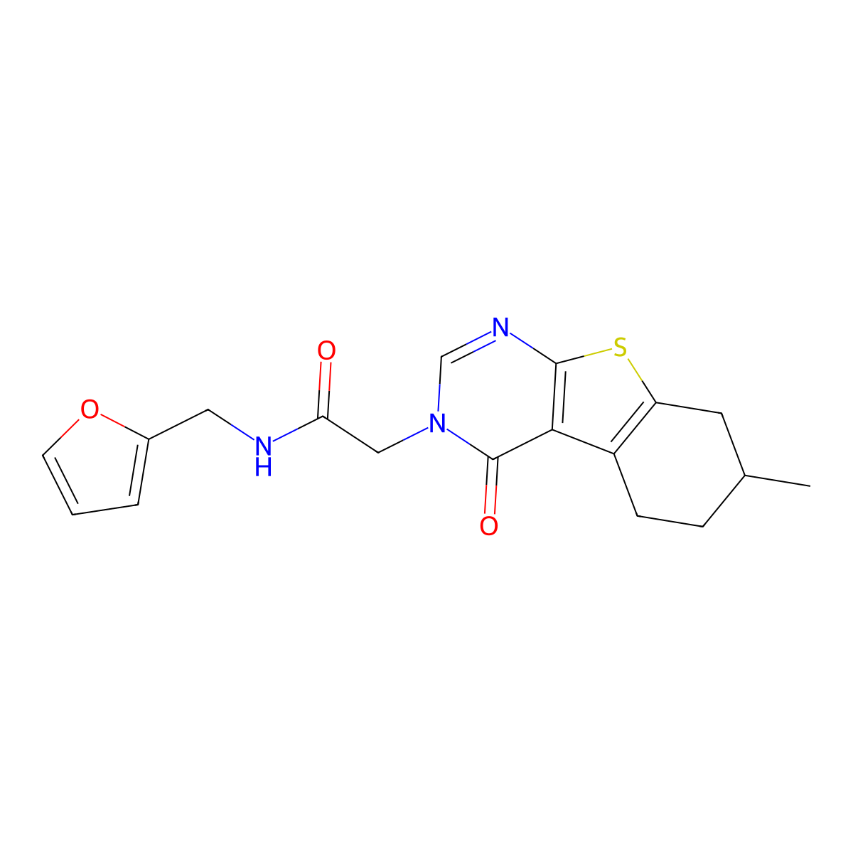 N-(furan-2-ylmethyl)-2-(7-methyl-4-oxo-5,6,7,8-tetrahydro-[1]benzothiolo[2,3-d]pyrimidin-3-yl)acetamide molecular structure, CAS 433975-50-9