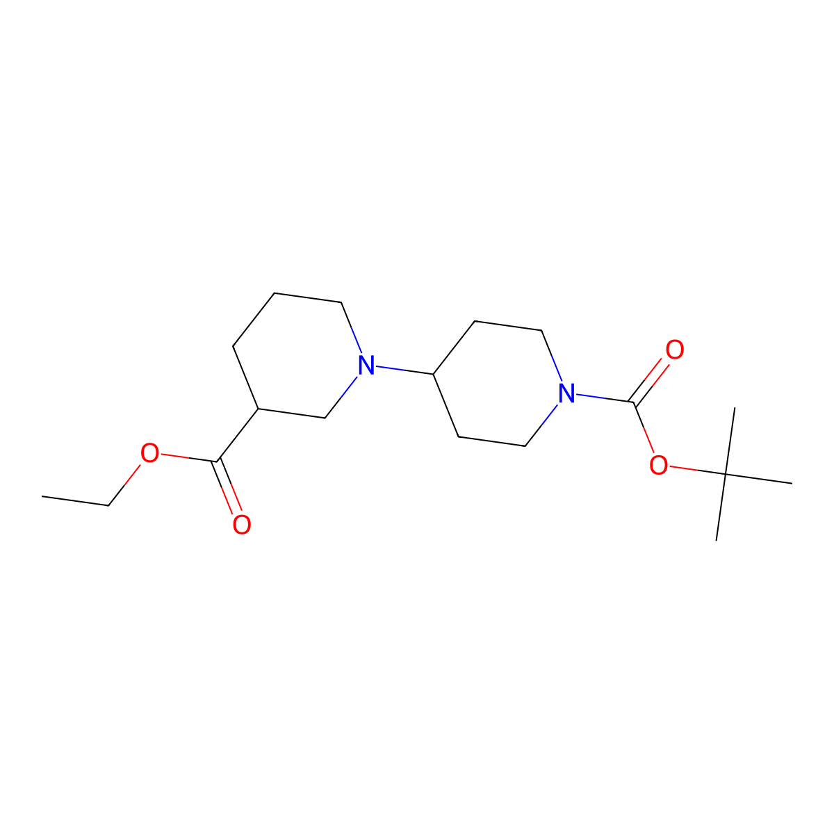 [1,4']Bipiperidinyl-3,1'-dicarboxylic acid 1'-tert-butyl ester 3-ethyl ester molecular structure, CAS 433981-21-6