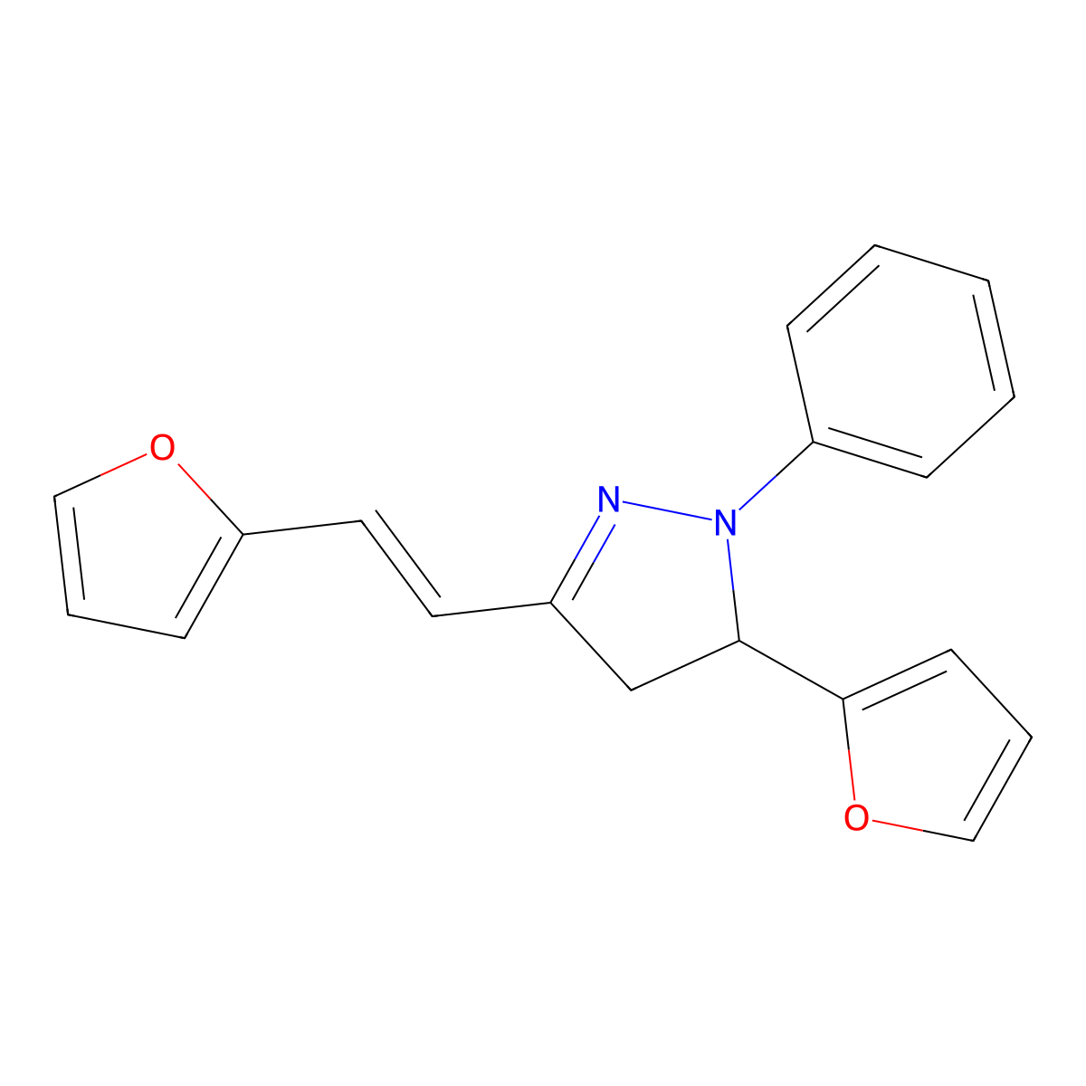 1H-Pyrazole, 5-(2-furanyl)-3-[2-(2-furanyl)ethenyl]-4,5-dihydro-1-phenyl- molecular structure, CAS 4340-49-2