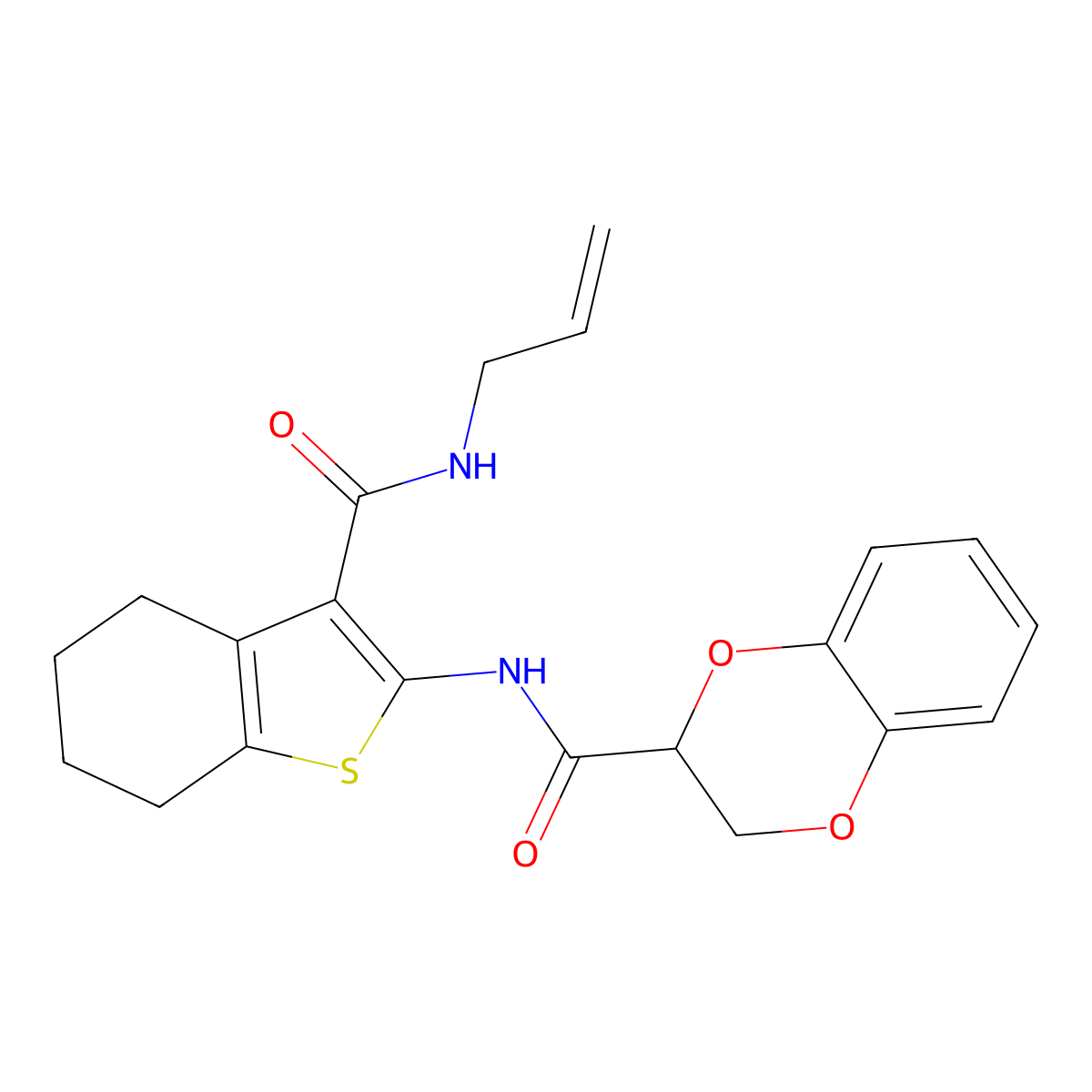 N-[3-(prop-2-en-1-ylcarbamoyl)-4,5,6,7-tetrahydro-1-benzothiophen-2-yl]-2,3-dihydro-1,4-benzodioxine-2-carboxamide molecular structure, CAS 434287-38-4