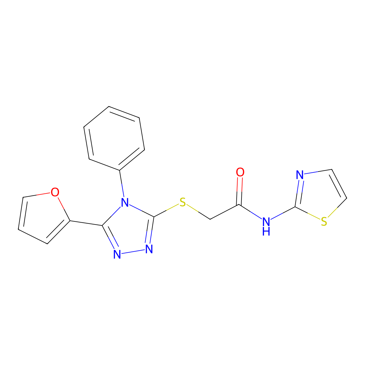 2-[[5-(furan-2-yl)-4-phenyl-1,2,4-triazol-3-yl]sulfanyl]-N-(1,3-thiazol-2-yl)acetamide molecular structure, CAS 434289-09-5