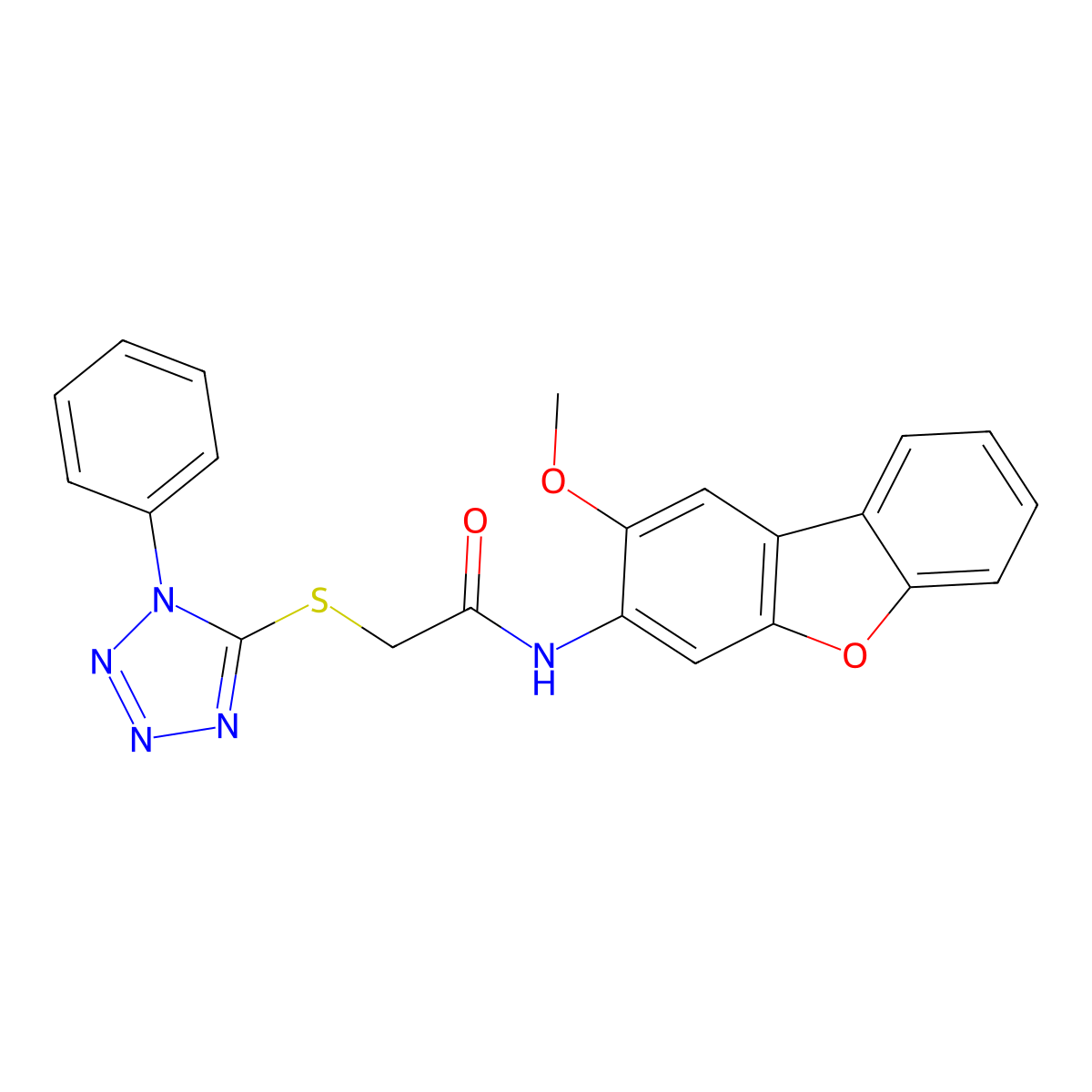 N-(2-methoxydibenzofuran-3-yl)-2-(1-phenyltetrazol-5-yl)sulfanylacetamide molecular structure, CAS 434290-85-4