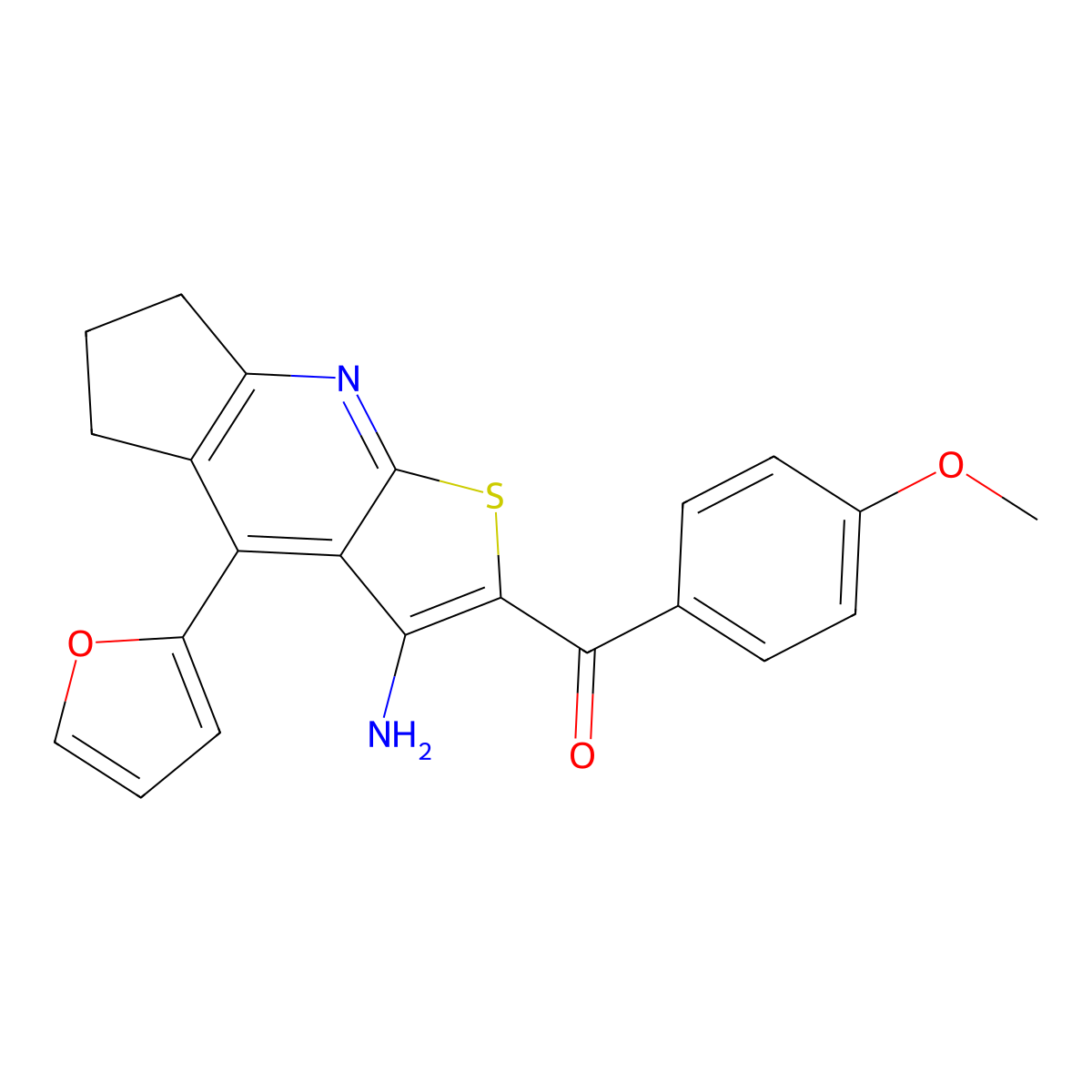 (3-amino-4-(furan-2-yl)-6,7-dihydro-5H-cyclopenta[b]thieno[3,2-e]pyridin-2-yl)(4-methoxyphenyl)methanone molecular structure, CAS 434291-25-5