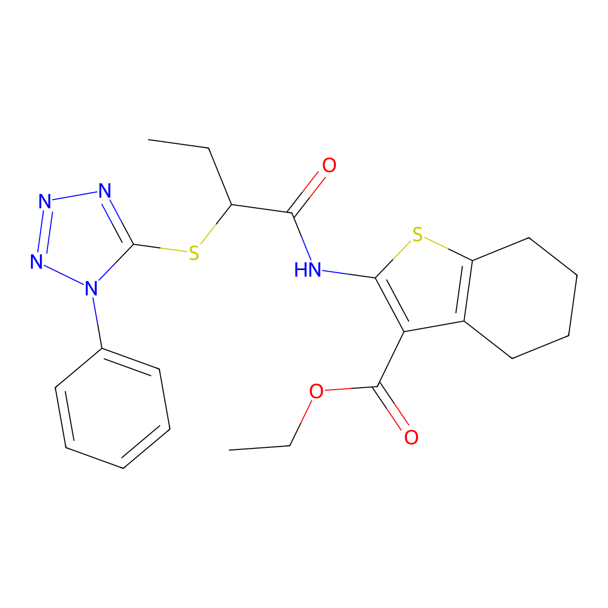 ethyl 2-({2-[(1-phenyl-1H-tetrazol-5-yl)sulfanyl]butanoyl}amino)-4,5,6,7-tetrahydro-1-benzothiophene-3-carboxylate molecular structure, CAS 434291-44-8