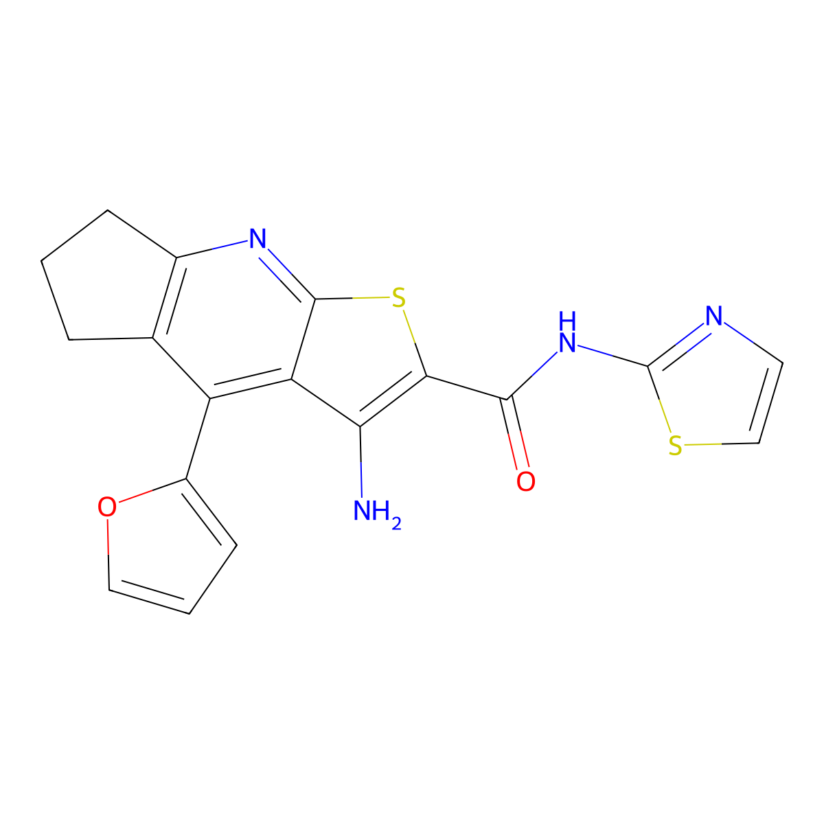 3-amino-4-(furan-2-yl)-N-(thiazol-2-yl)-6,7-dihydro-5H-cyclopenta[b]thieno[3,2-e]pyridine-2-carboxamide molecular structure, CAS 434291-55-1