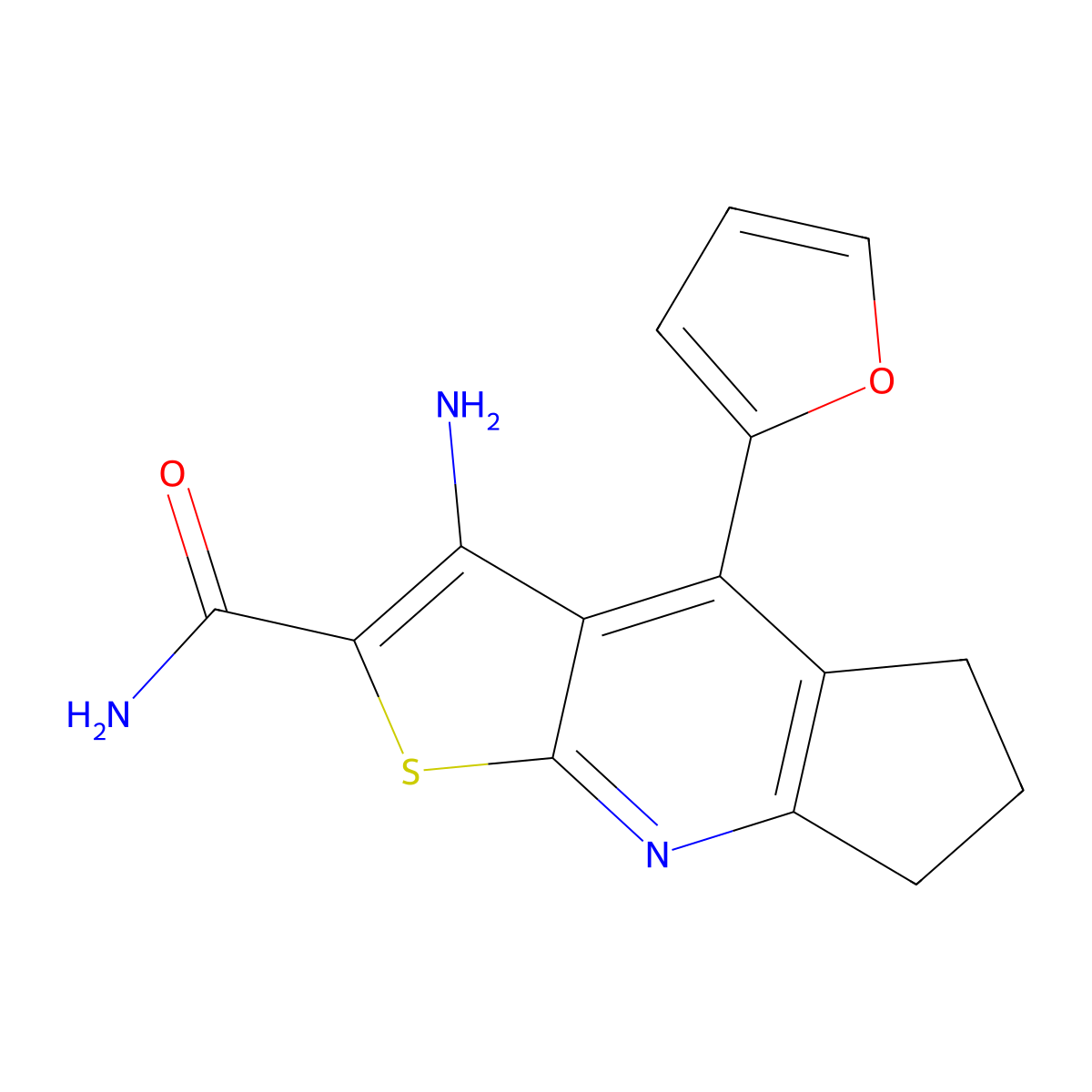 3-amino-4-(furan-2-yl)-6,7-dihydro-5H-cyclopenta[b]thieno[3,2-e]pyridine-2-carboxamide molecular structure, CAS 434291-75-5