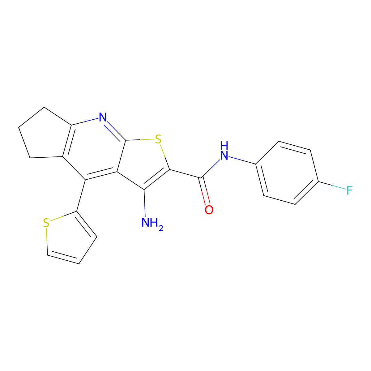 3-amino-N-(4-fluorophenyl)-4-(thiophen-2-yl)-6,7-dihydro-5H-cyclopenta[b]thieno[3,2-e]pyridine-2-carboxamide molecular structure, CAS 434291-83-5