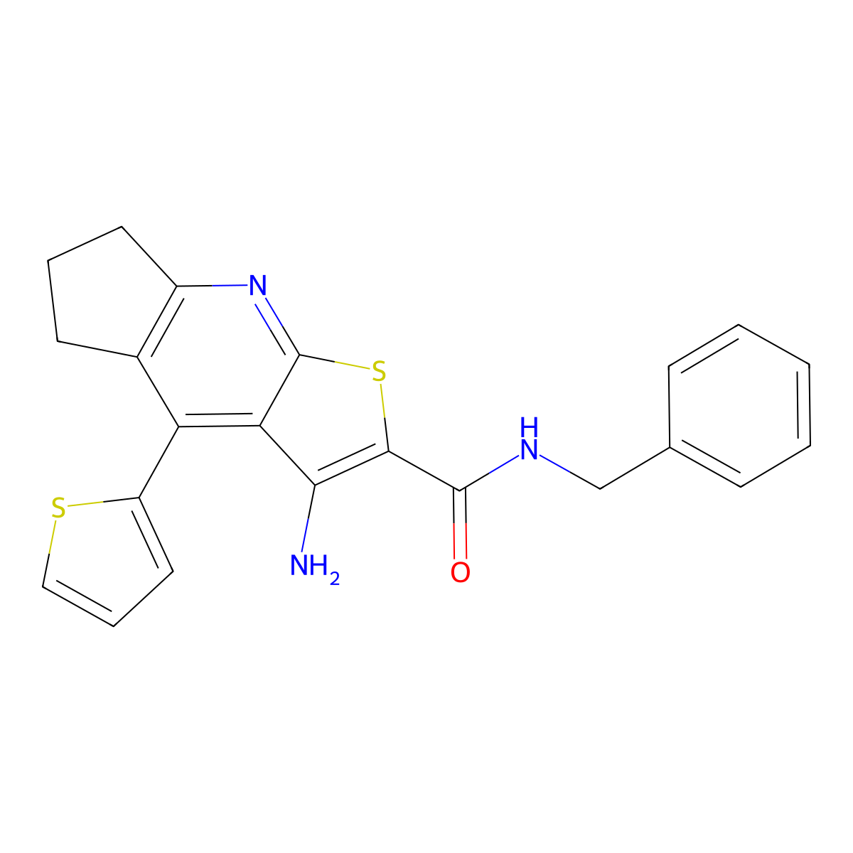 3-amino-N-benzyl-4-(thiophen-2-yl)-6,7-dihydro-5H-cyclopenta[b]thieno[3,2-e]pyridine-2-carboxamide molecular structure, CAS 434292-26-9