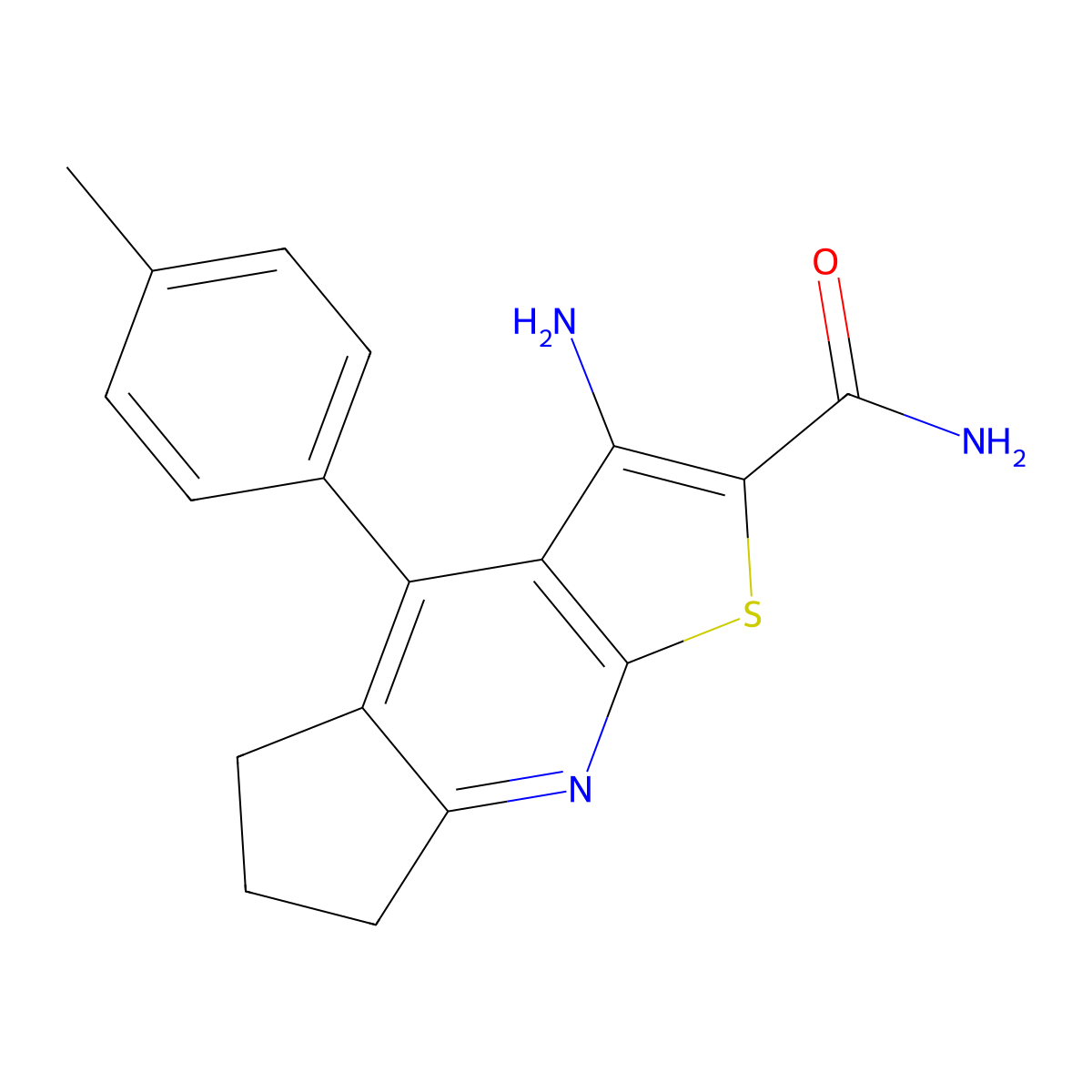 3-amino-4-(4-methylphenyl)-6,7-dihydro-5H-cyclopenta[b]thieno[3,2-e]pyridine-2-carboxamide molecular structure, CAS 434293-81-9