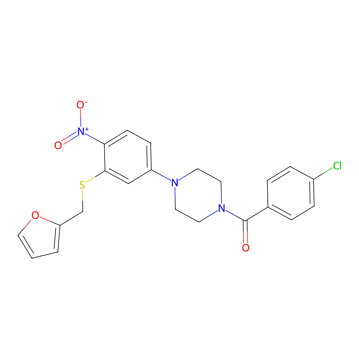(4-Chlorophenyl)-[4-[3-(furan-2-ylmethylsulfanyl)-4-nitrophenyl]piperazin-1-yl]methanone molecular structure, CAS 434294-14-1
