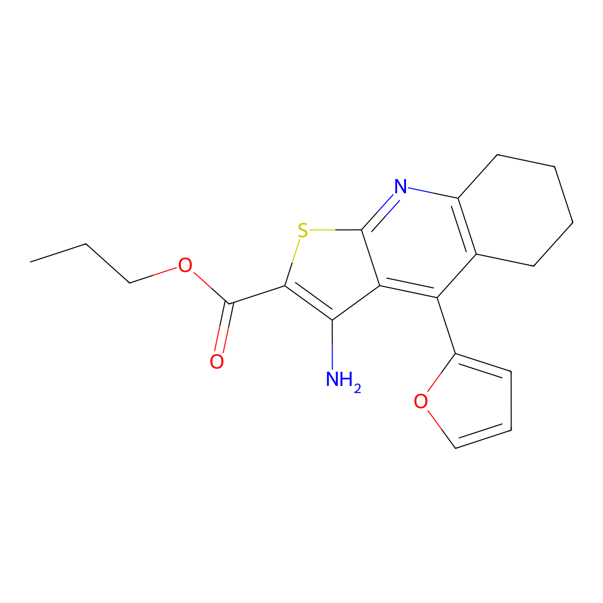 Propyl 3-amino-4-(furan-2-yl)-5,6,7,8-tetrahydrothieno[2,3-b]quinoline-2-carboxylate molecular structure, CAS 434294-34-5