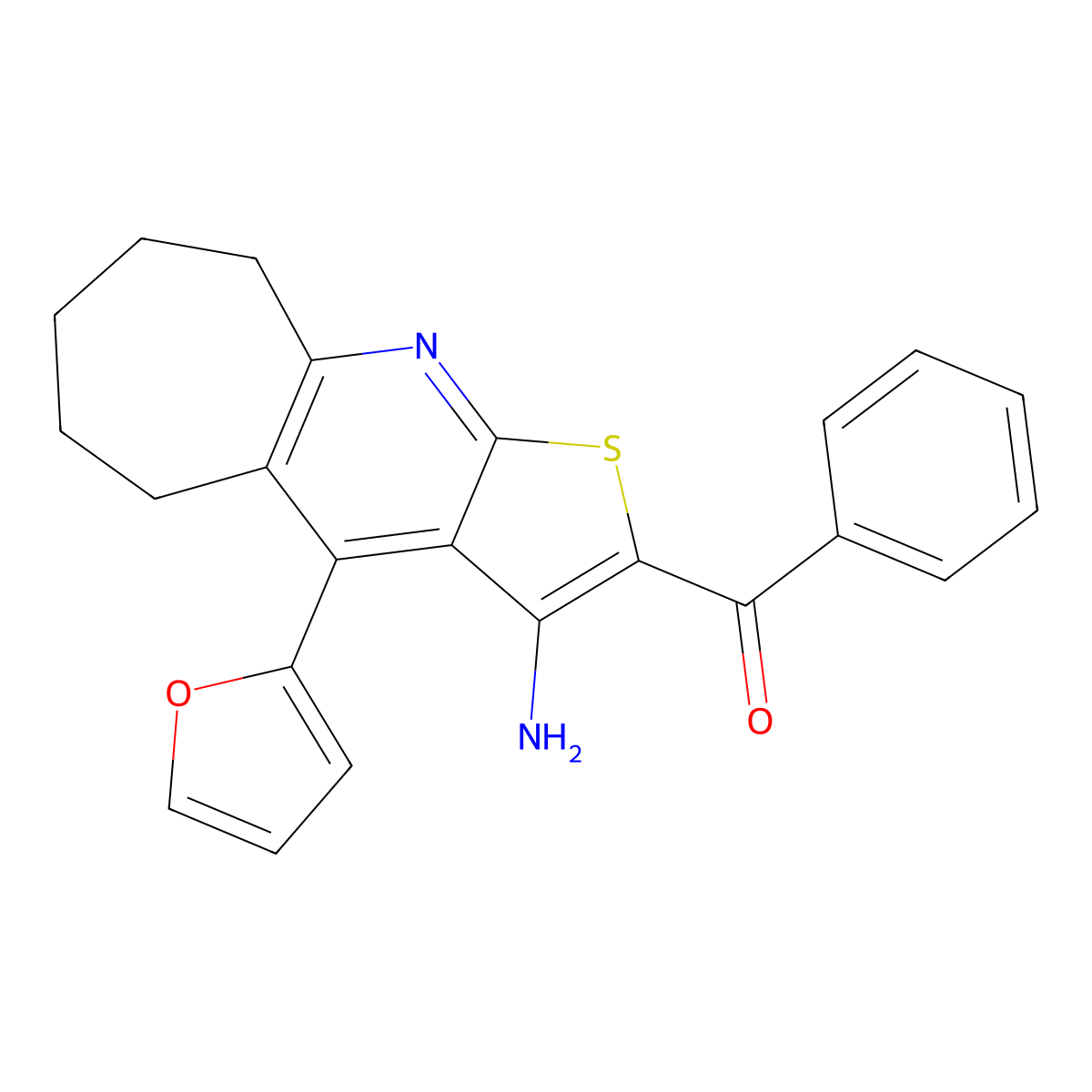 (3-amino-4-(furan-2-yl)-6,7,8,9-tetrahydro-5H-cyclohepta[b]thieno[3,2-e]pyridin-2-yl)(phenyl)methanone molecular structure, CAS 434295-20-2