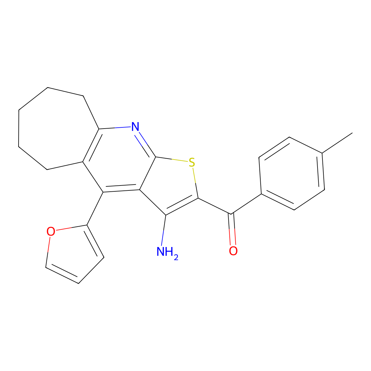 (3-amino-4-(furan-2-yl)-6,7,8,9-tetrahydro-5H-cyclohepta[b]thieno[3,2-e]pyridin-2-yl)(p-tolyl)methanone molecular structure, CAS 434295-47-3