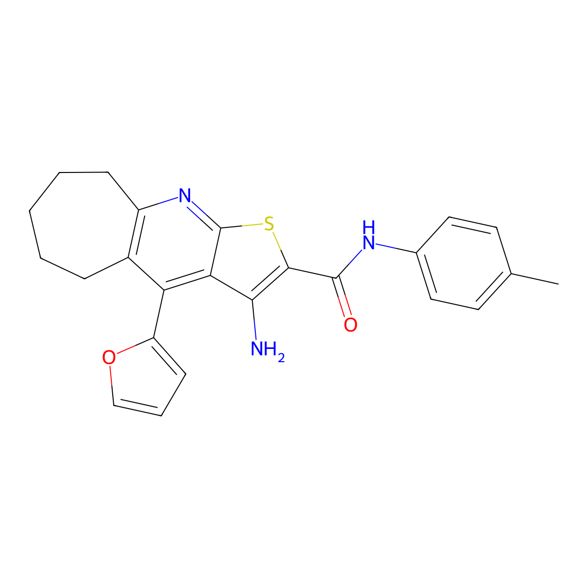 3-amino-4-(furan-2-yl)-N-(p-tolyl)-6,7,8,9-tetrahydro-5H-cyclohepta[b]thieno[3,2-e]pyridine-2-carboxamide molecular structure, CAS 434295-88-2
