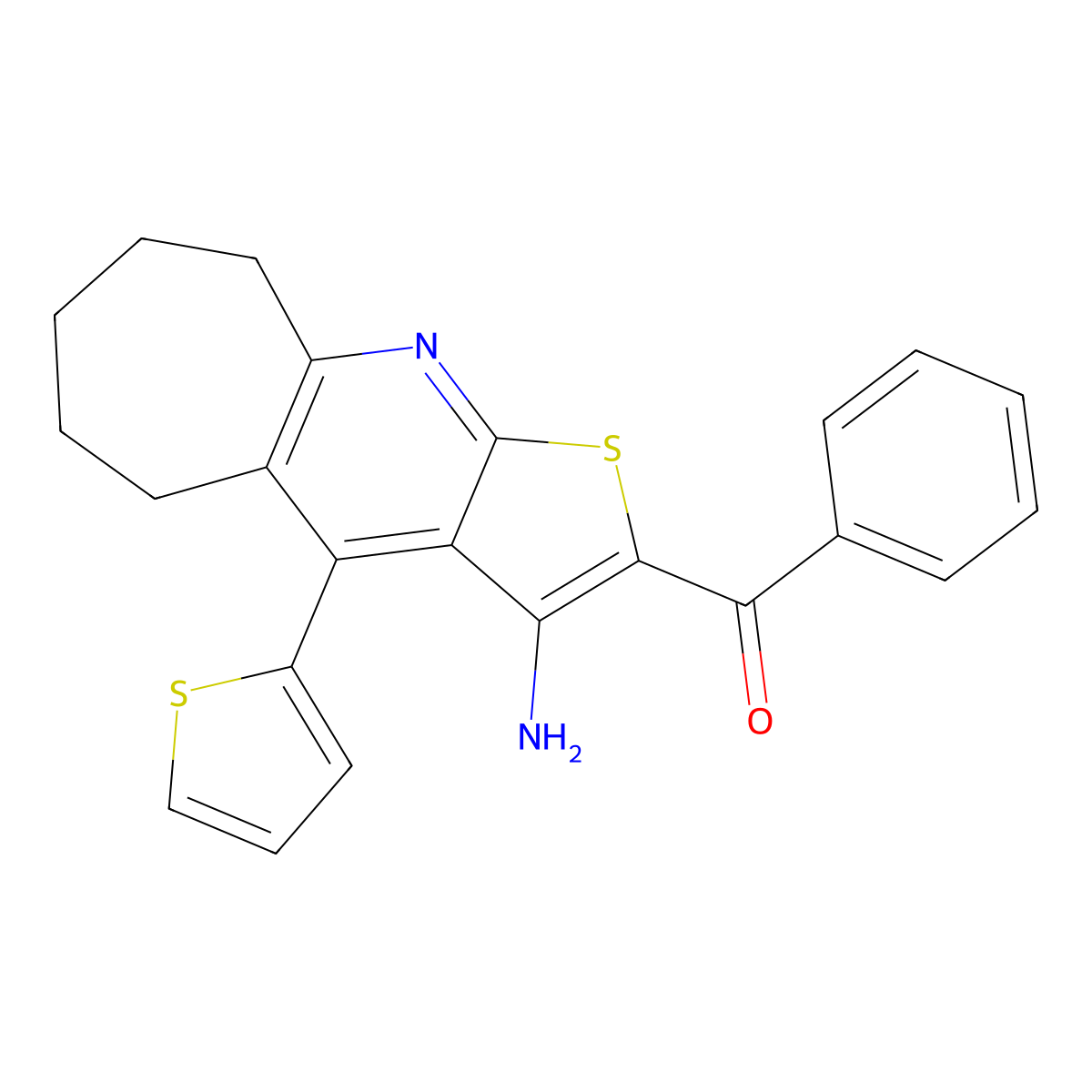 (3-amino-4-(thiophen-2-yl)-6,7,8,9-tetrahydro-5H-cyclohepta[b]thieno[3,2-e]pyridin-2-yl)(phenyl)methanone molecular structure, CAS 434296-16-9