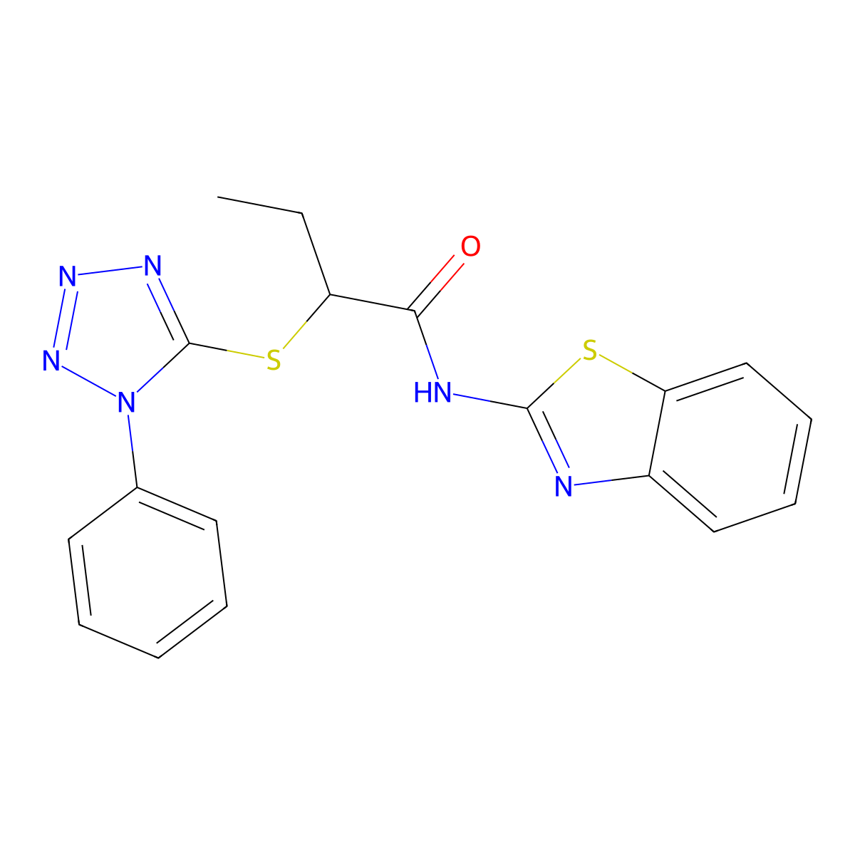 N-(1,3-benzothiazol-2-yl)-2-(1-phenyltetrazol-5-yl)sulfanylbutanamide molecular structure, CAS 434296-25-0