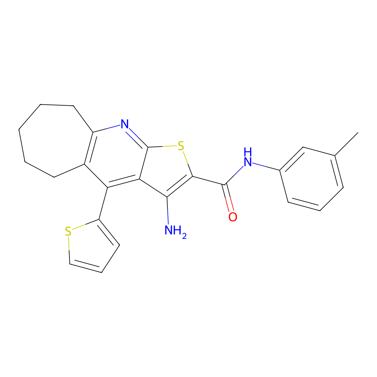 3-amino-4-(thiophen-2-yl)-N-(m-tolyl)-6,7,8,9-tetrahydro-5H-cyclohepta[b]thieno[3,2-e]pyridine-2-carboxamide molecular structure, CAS 434296-39-6