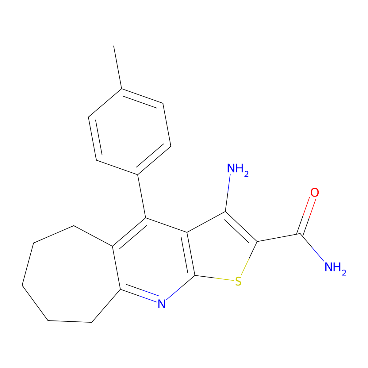 3-amino-4-(4-methylphenyl)-6,7,8,9-tetrahydro-5H-cyclohepta[b]thieno[3,2-e]pyridine-2-carboxamide molecular structure, CAS 434297-15-1