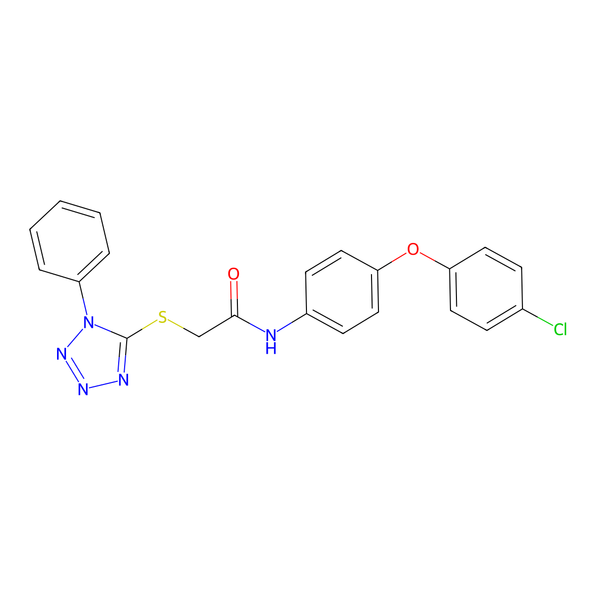 N-[4-(4-chlorophenoxy)phenyl]-2-(1-phenyltetrazol-5-yl)sulfanylacetamide molecular structure, CAS 434297-98-0