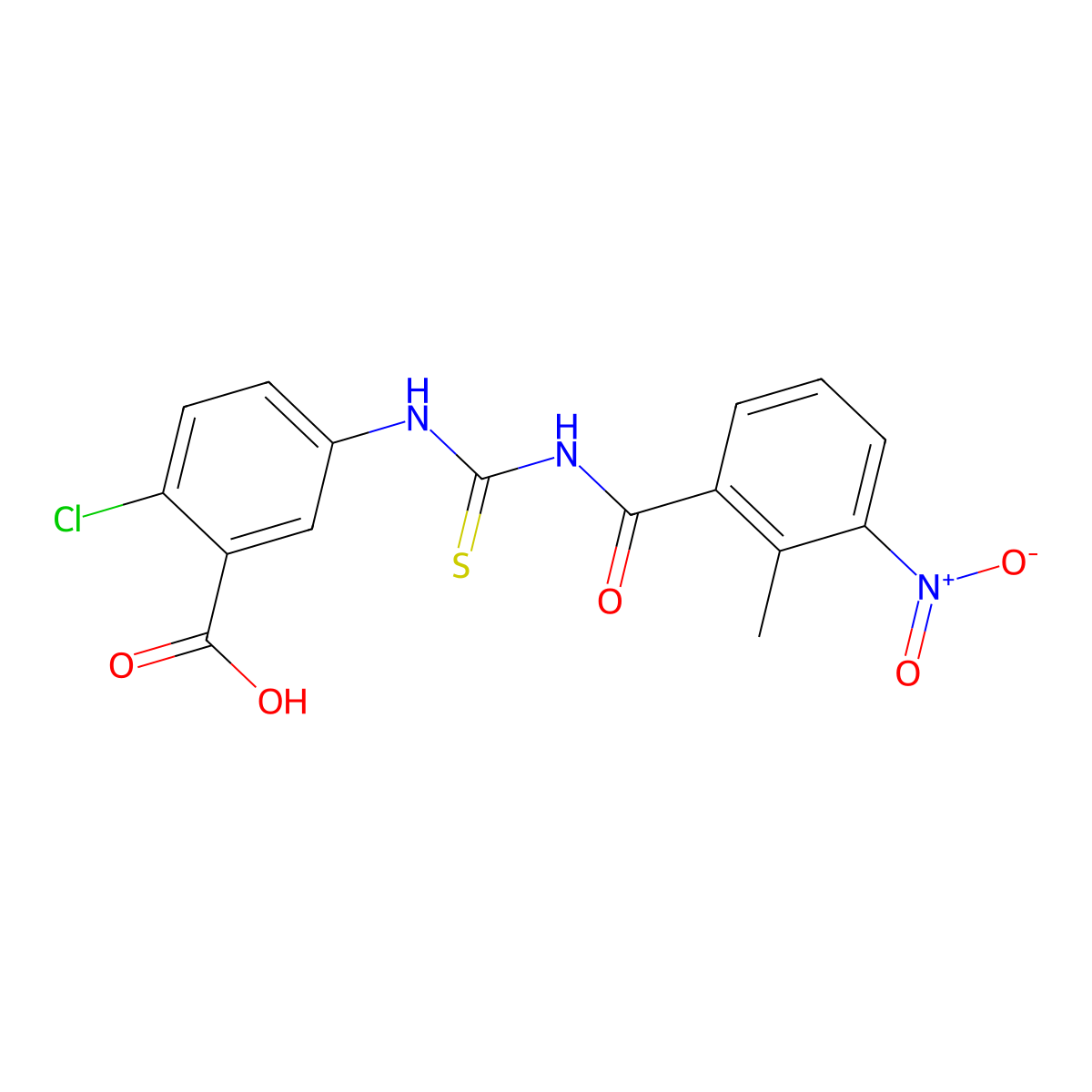 2-Chloro-5-[[[(2-methyl-3-nitrobenzoyl)amino]thioxomethyl]amino]-benzoic acid molecular structure, CAS 434304-75-3