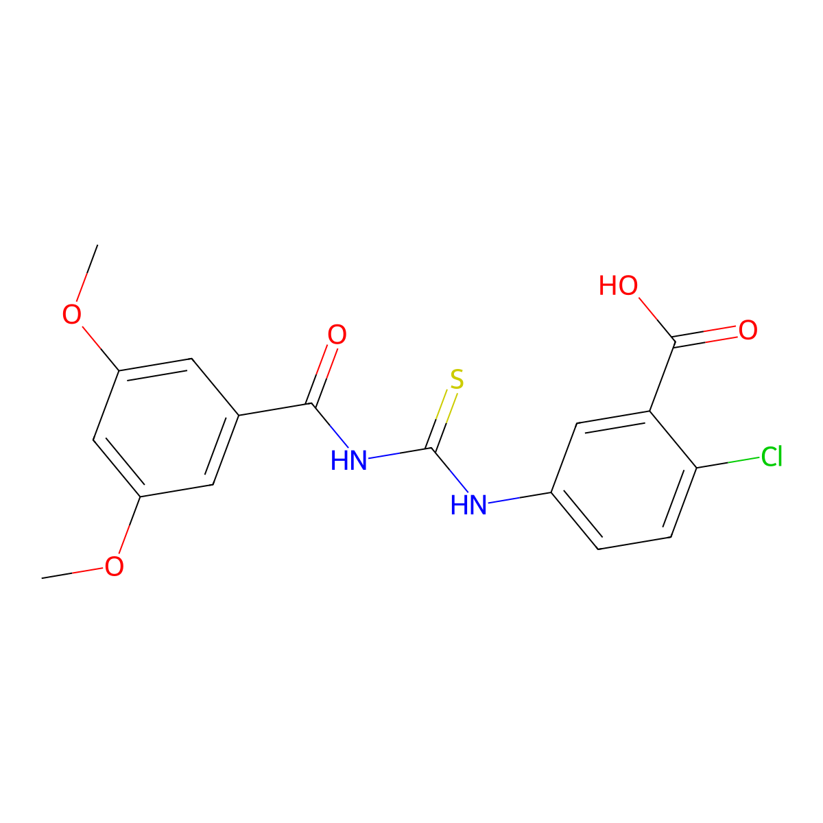 2-Chloro-5-[[[[(3,5-dimethoxyphenyl)-oxomethyl]amino]-sulfanylidenemethyl]amino]benzoic acid molecular structure, CAS 434310-41-5