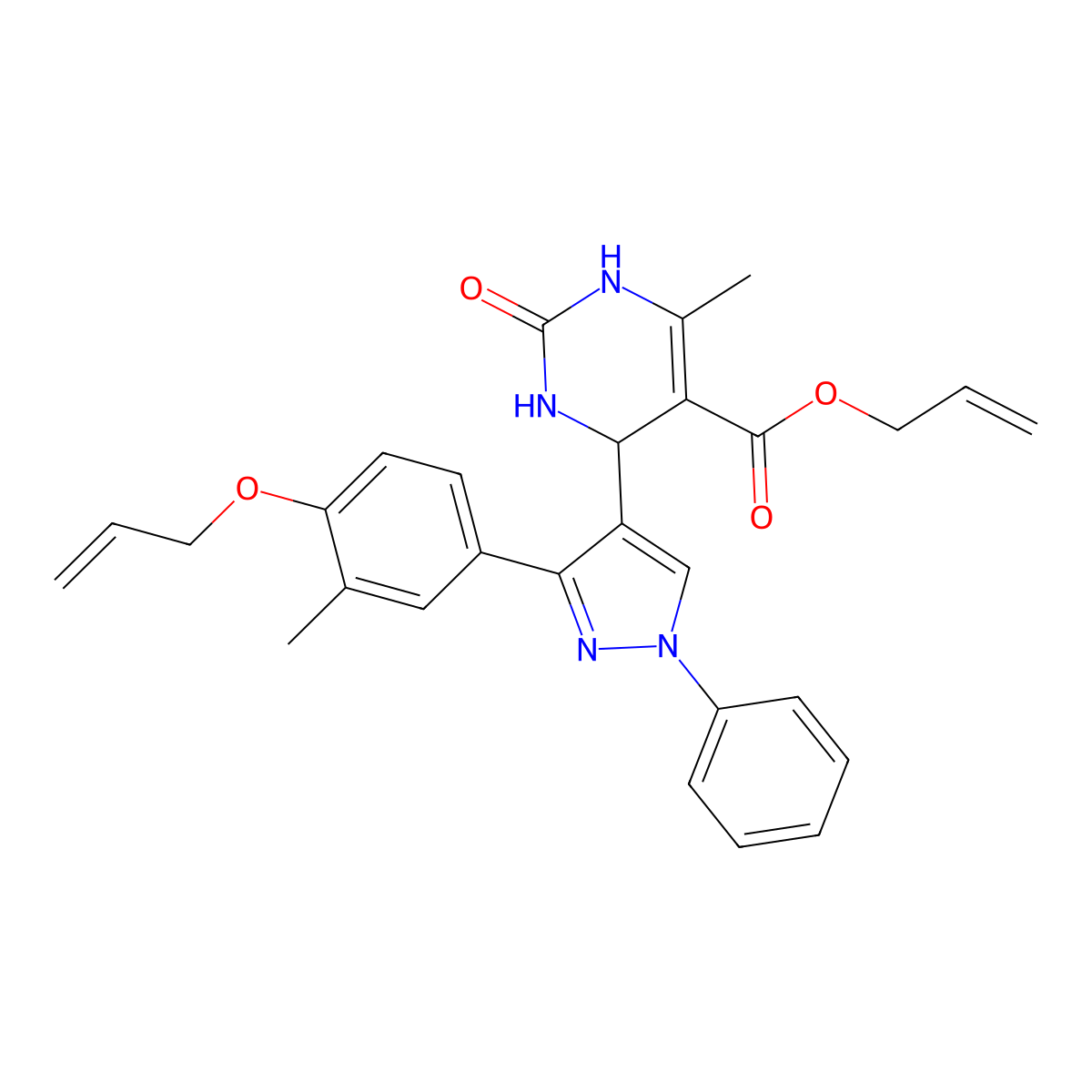 prop-2-enyl 6-methyl-4-[3-(3-methyl-4-prop-2-enoxyphenyl)-1-phenylpyrazol-4-yl]-2-oxo-3,4-dihydro-1H-pyrimidine-5-carboxylate molecular structure, CAS 434310-81-3