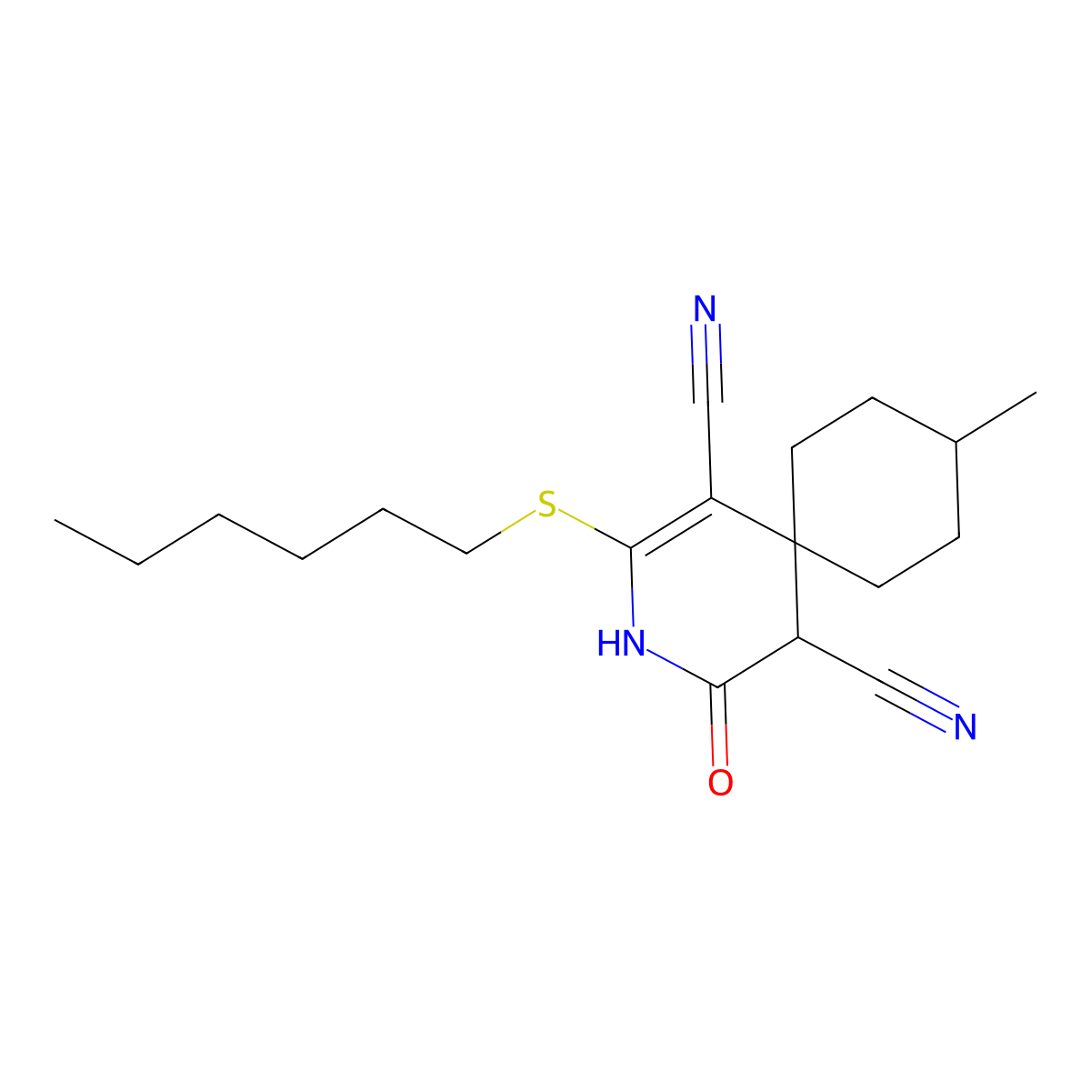 2-(Hexylthio)-9-methyl-4-oxo-3-azaspiro[5.5]undec-1-ene-1,5-dicarbonitrile molecular structure, CAS 434313-19-6